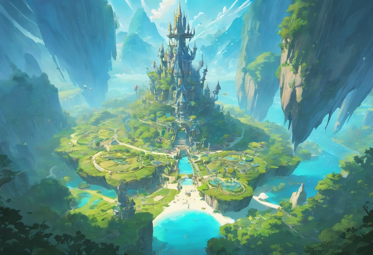 Flat Map, A group of flying islands, Numerous floating islands, halo, Carte du jeu, Hyrule, Ancient Fantasy Regional Map, Highly Detailed Map,Detailed map, Elevation map，Carte du monde、Isekai Carte、Carte du Royaume、Otherworldly Adventure K HD、meticulous、view from above, Spread out，Pixel Art, Magical Floating Islands, Castles & Towers, cascade dans les airs, Pandora from Avatar