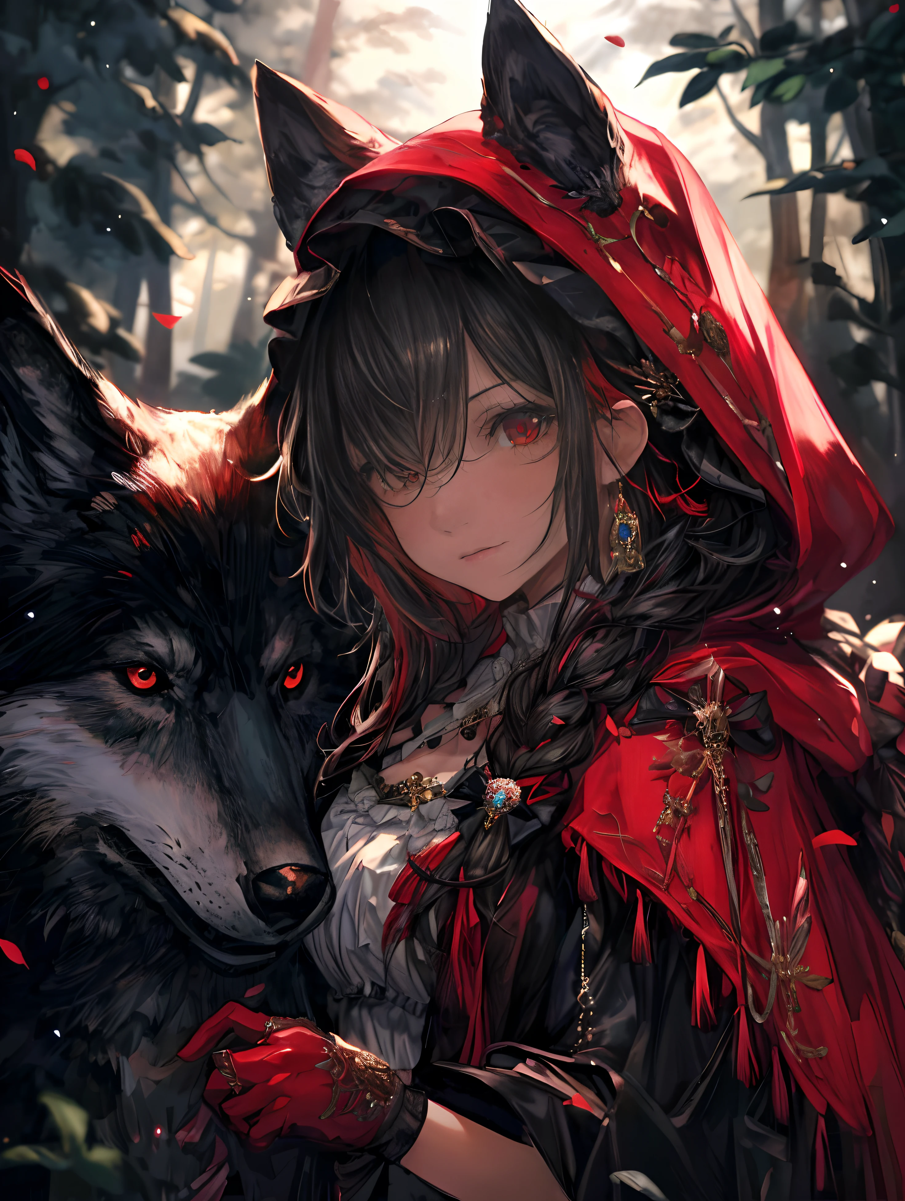 (best quality,4k,highres,masterpiece:1.2),ultra-detailed,realistic:1.37,portrait,dark fantasy,red color scheme,soft lighting,emotional,enchanted forest,ominous atmosphere,eye-catching,storytelling,anatomy,anime style,concept art,beautiful detailed face and (((RED EYES ))),flowing hair,expressive emotions,detailed jewelry,cape with intricate patterns,intense gaze,feathered details on the cape,subtle shadows,dynamic pose,epic composition,mysterious background,natural elements,moonlit night,wind blowing through the trees,eerie presence,revealing the character's strength and vulnerability,striking contrast between the red cape and surroundings,engaging narrative,rich textures,depth and dimension,putting emphasis on the character's allure and resilience.