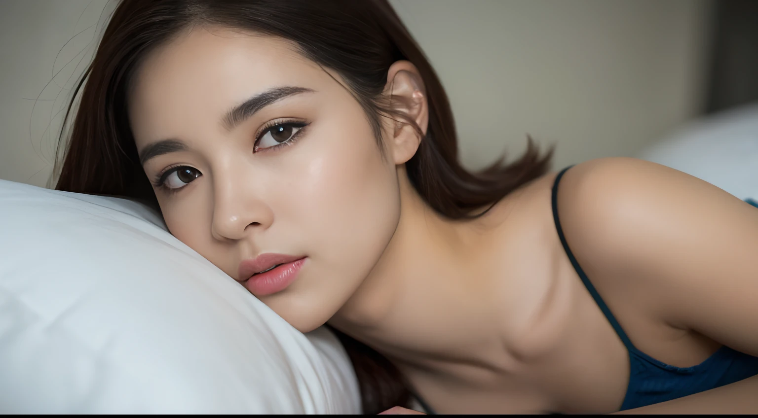 (Photoreal: 1.4), (Hyperrealistic: 1.4), (Realistic: 1.3), (Smooth lighting: 1.05), (Improved cinematic lighting quality: 0.9), 32K, 1 female, 16 years old woman, bright room, angle from above looking down on the bed, looking up at the camera in bed, holding with bent knees, realistic lighting, backlight, face light, ray tracking, (bright light: 1.2), (quality improvement: 1.4), (quality improvement: 1.4), (quality realistic textured skin: 1.4), fine detailed eyes, detailed face, fine quality eyes, dark brown eyes, (tired and sleepy and satisfied: 0.0), dark brown hair, (lying in bed: 1.4), facing the camera, legs open, (full body: 1)
