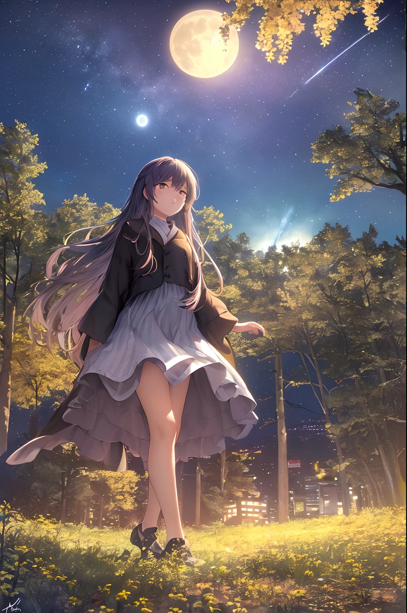 A wide landscape photo, (viewed from below, the sky is above, and the open field is below), a girl standing on a flower field looking up, (full moon: 1.2), (meteor: 0.9), (nebula: 1.3), distant mountains , Trees BREAK Crafting Art, (Warm Light: 1.2), (Firefly: 1.2), Lights, Lots of Purple and Orange, Intricate Details, Volumetric Lighting BREAK (Masterpiece: 1.2), (Best Quality), 4k, Ultra Detailed, (Dynamic Composition: 1.4), Rich in Detail and Color, (Rainbow Color: 1.2), (Glow, Atmospheric Lighting), Dreamy, Magical, (Solo: 1.2), girl stands with her back to the viewer, (masterpiece:1.2, best quality:1.2), nature, stars, moon, landscape background, warm light, sunrise, forest, shadows, contrast, constellations, landscape,water,(extremely detailed CG unity 8k wallpaper), most beautiful artwork in the world,professional majestic oil painting,intricate, High Detail, Sharp focus, dramatic, photorealistic painting art, octans, sky, star (sky), scenery, starry sky, night, 1girl, night sky, solo, outdoors, signature, building, cloud, milky way, sitting, tree, long hair, city, silhouette, cityscape, Vast and majestic skyline、The big sky occupies two-thirds of the photo、Girls and boys in casual clothes sitting side by side in the meadow、There is a deserted Japan city in the distance, Snowy mountain night with snowy coniferous forest at the foot of the mountain。Full moon and many stars
Waiting to start