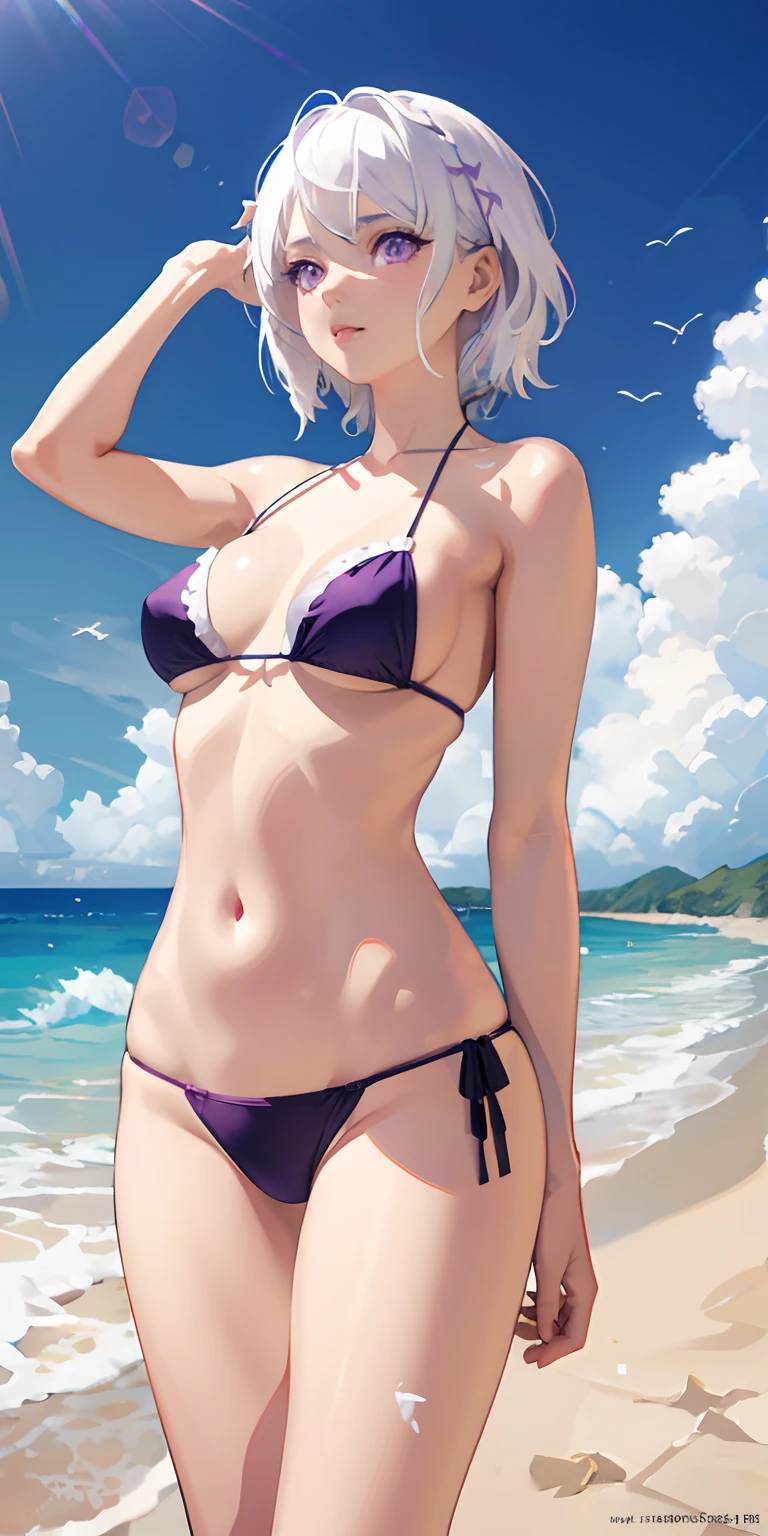 realistic, 1girl, white hair, purple eyes, bikini, beach, light particles, light rays, wallpaper,