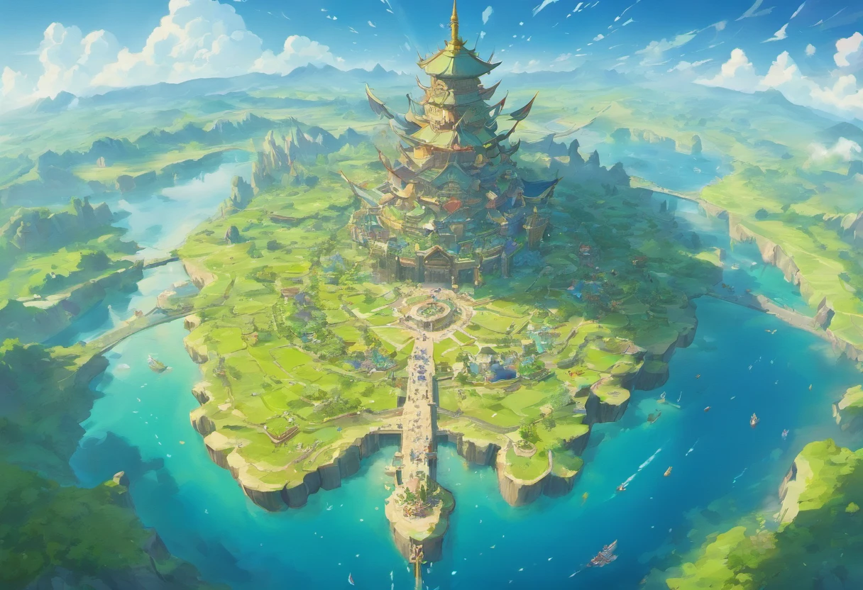 Carte plate, A group of flying islands, Numerous floating islands, halo, Carte du jeu, Hyrule, Ancient Fantasy Regional Map, Highly Detailed Map,Detailed map, Elevation map，Carte du monde、Carte du Royaume、Otherworldly Adventure K HD、meticulous、view from above, Spread out，Pixel Art, Magical Floating Islands, villages et eau, plusieurs factions