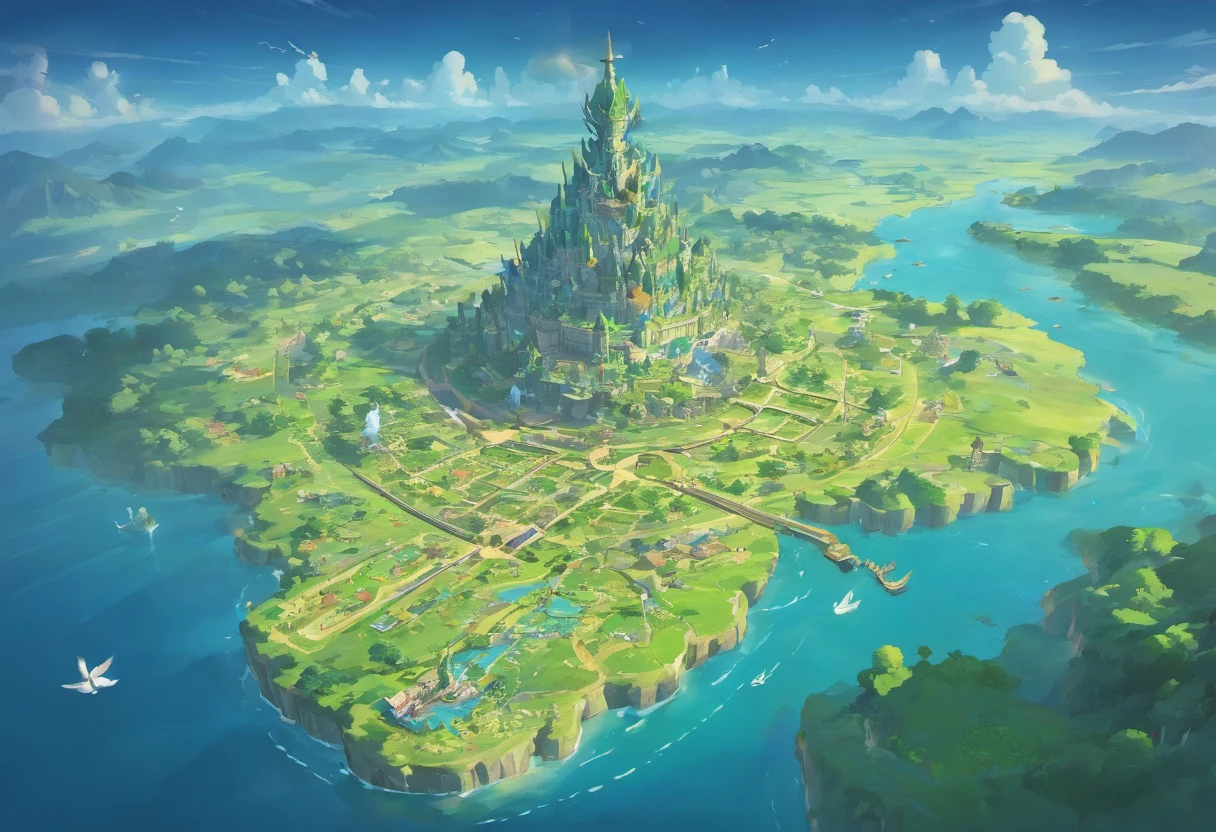 Carte plate, A group of flying islands, Numerous floating islands, halo, Carte du jeu, Hyrule, Ancient Fantasy Regional Map, Highly Detailed Map,Detailed map, Elevation map,Carte du monde、Carte du Royaume、Otherworldly Adventure K HD、meticulous、view from above, Spread out,Pixel Art, Magical Floating Islands, villages et eau, plusieurs factions