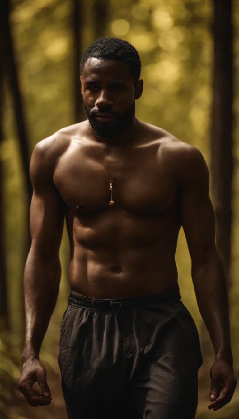 black man, golden forest, no shirt, true self