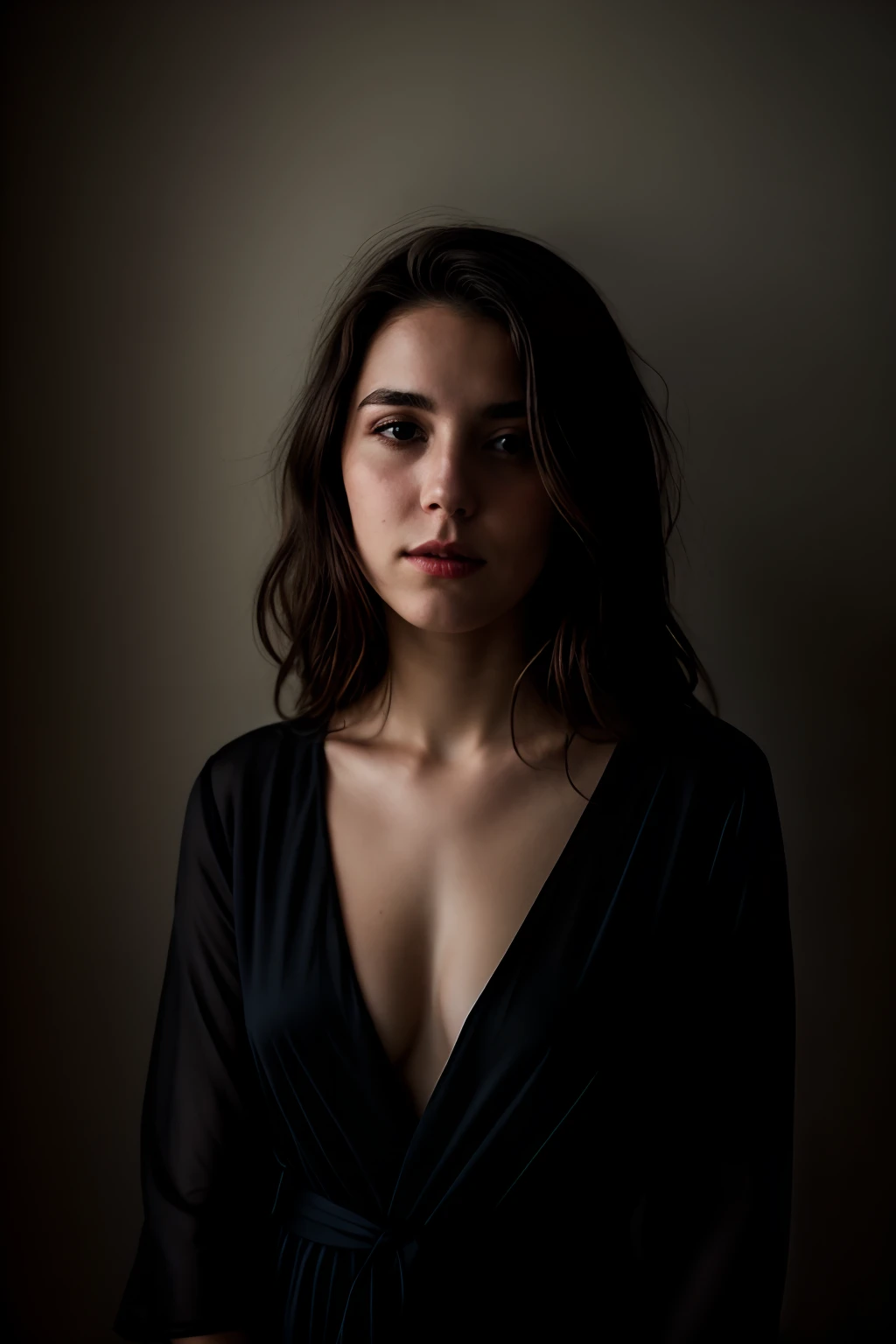 Photo brute, Portrait de visage photo de belle 26 ans.o femme, visage mignon, Porter une robe noire, Visage heureux, ombres dures, cinematic shot, dramatic lighting