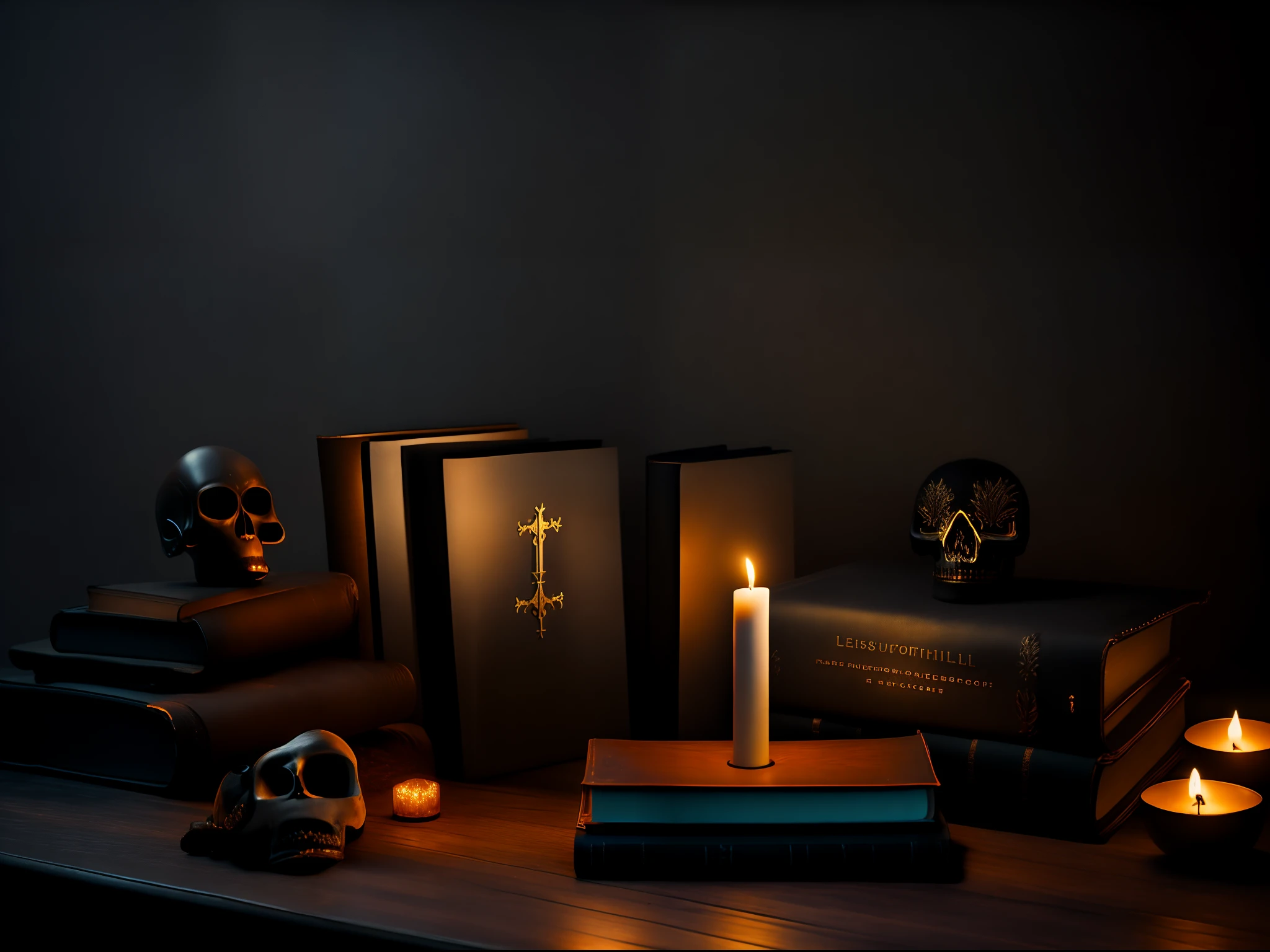A moody still life photography of a wooden table with lit up candles, leather cover books, a cross and a skull, evoking a sense of introspection and reflection, memento mori aesthetics, iluminated through a hazy light