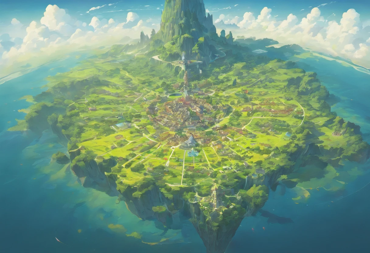 Flat Map, A group of flying islands, Numerous floating islands, halo, Carte du jeu, Ancient Fantasy Regional Map, Highly Detailed Map,Detailed map, Elevation map,Carte du monde、Carte du Royaume、Otherworldly Adventure K HD、meticulous、view from above, Spread out,Pixel Art, Magical Floating Islands, villages and vast expanses