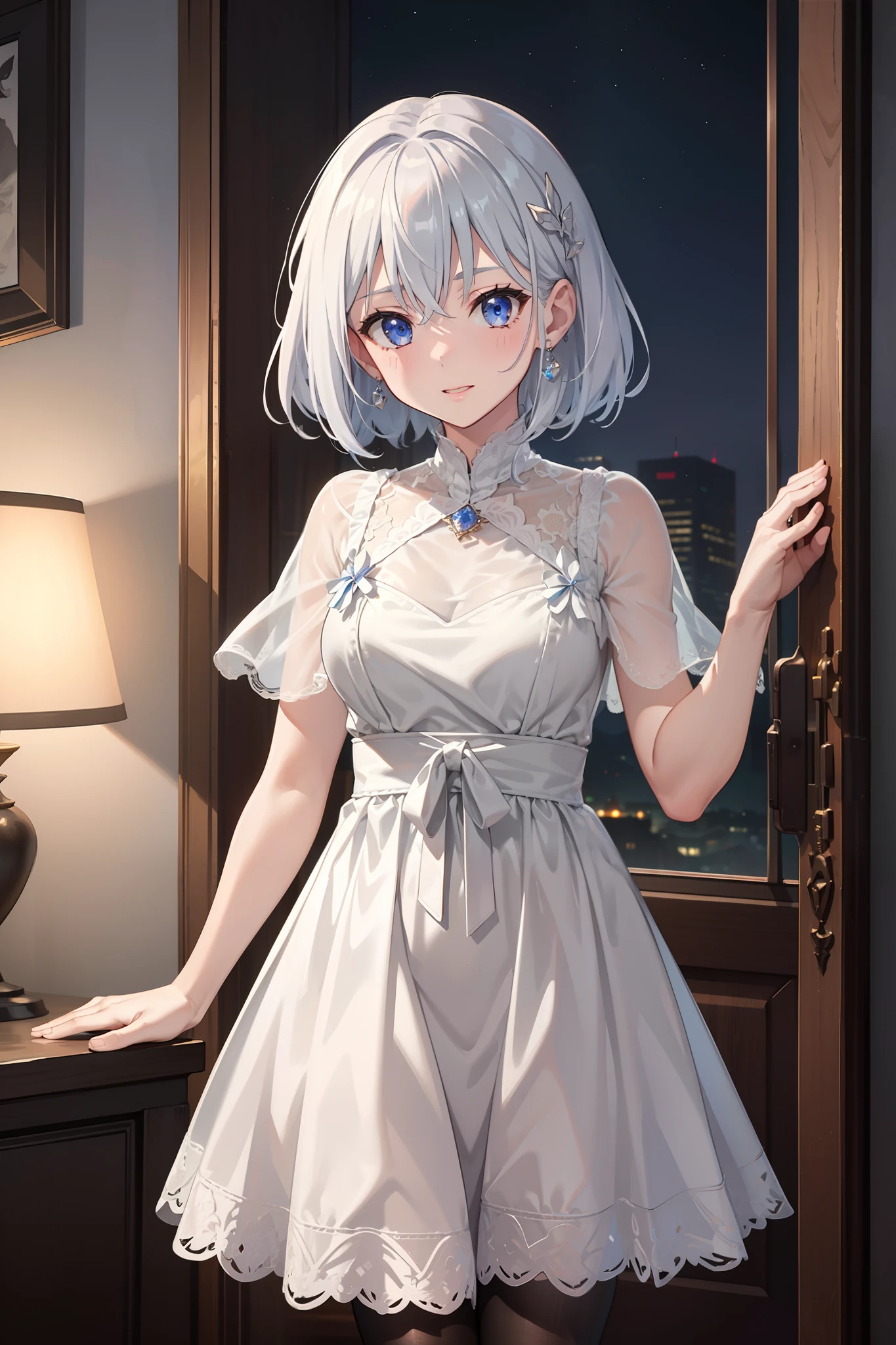s girl,divino,(Best quality,4K,8K,A high resolution,Masterpiece:1.2),Ultra-detailed,Enchanted,Seductive pose,having fun,divino,(Western magic white dress),silber hair,eBlue eyes,see-through transparent clothes,Delicate hair accessories,Transparent lace,Sky blue cloth,deep in the night,exquisite costumes,Bedrooms,solo person,Carved pantyhose