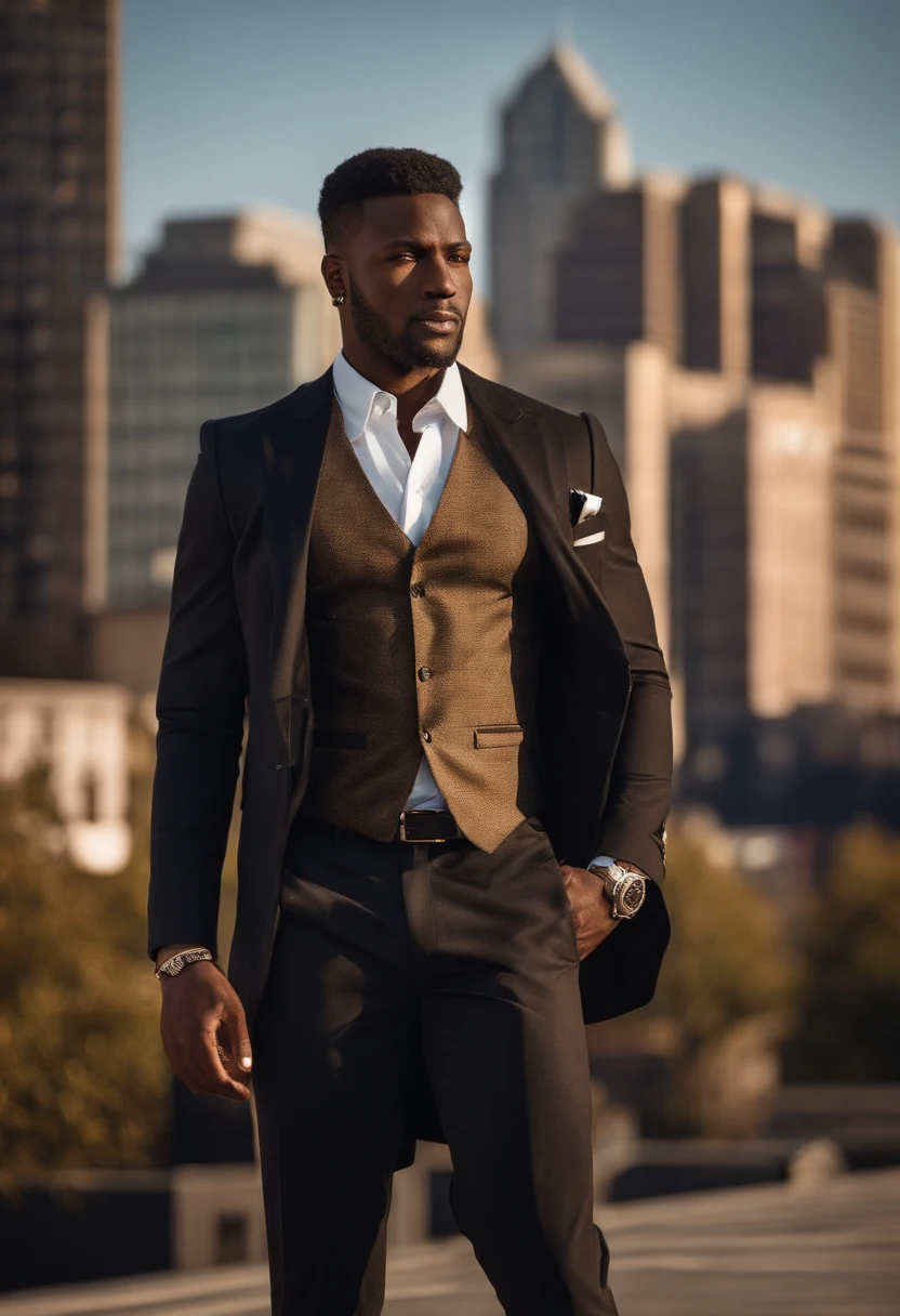 (black skinned man with fake abs, in shape, slightly muscular with pecs) ,beard,stubble, serious face, piercing eyes, short hair, wearing a stylish suit, standing confidently in a modern, urban setting, with buildings in the background, under warm, golden sunlight. The artwork should be in a realistic style, with high resolution and attention to detail.