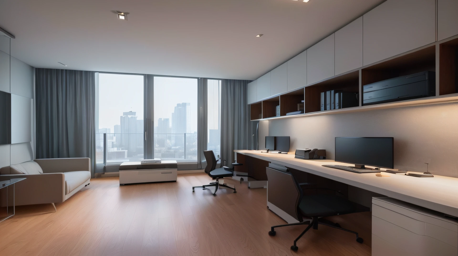 there is a desk with a computer and a chair in a room, minimalist home office, luxury condo interior, home office interior, office room interior, professional render, city apartment, rendered in unreal engine 6, realistic physical rendering, vray 8k render, architectural 3 d render, rendered in v-ray, rendered in 8 k unreal engine, archviz