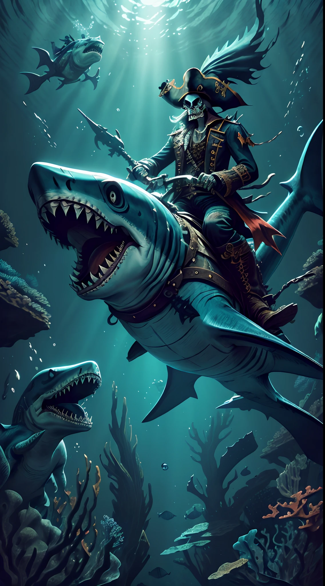 (masterpiece), best quality, a pirate skelleton riding on a shark, ((underwater:1.3), pirate clothes, pirate, skull, perfect shark, riding on a, adventure, magical,   bubbles, traced lights, corals, realistic, perfect light, fantasy, adventure, freedom, sharp teeth, cool shark, sea monster, epic, monsters on the background