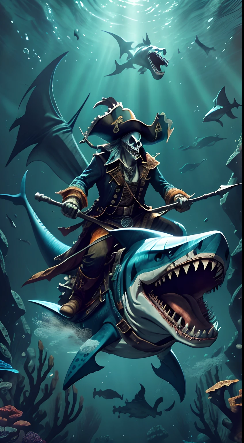 (masterpiece), best quality, a pirate skelleton riding on a shark, ((underwater:1.3), pirate clothes, pirate, skull, perfect shark, riding on a, adventure, magical, bubbles, traced lights, corals, realistic, perfect light, fantasy, adventure, freedom, sharp teeth, cool shark, sea monster, epic, monsters on the background