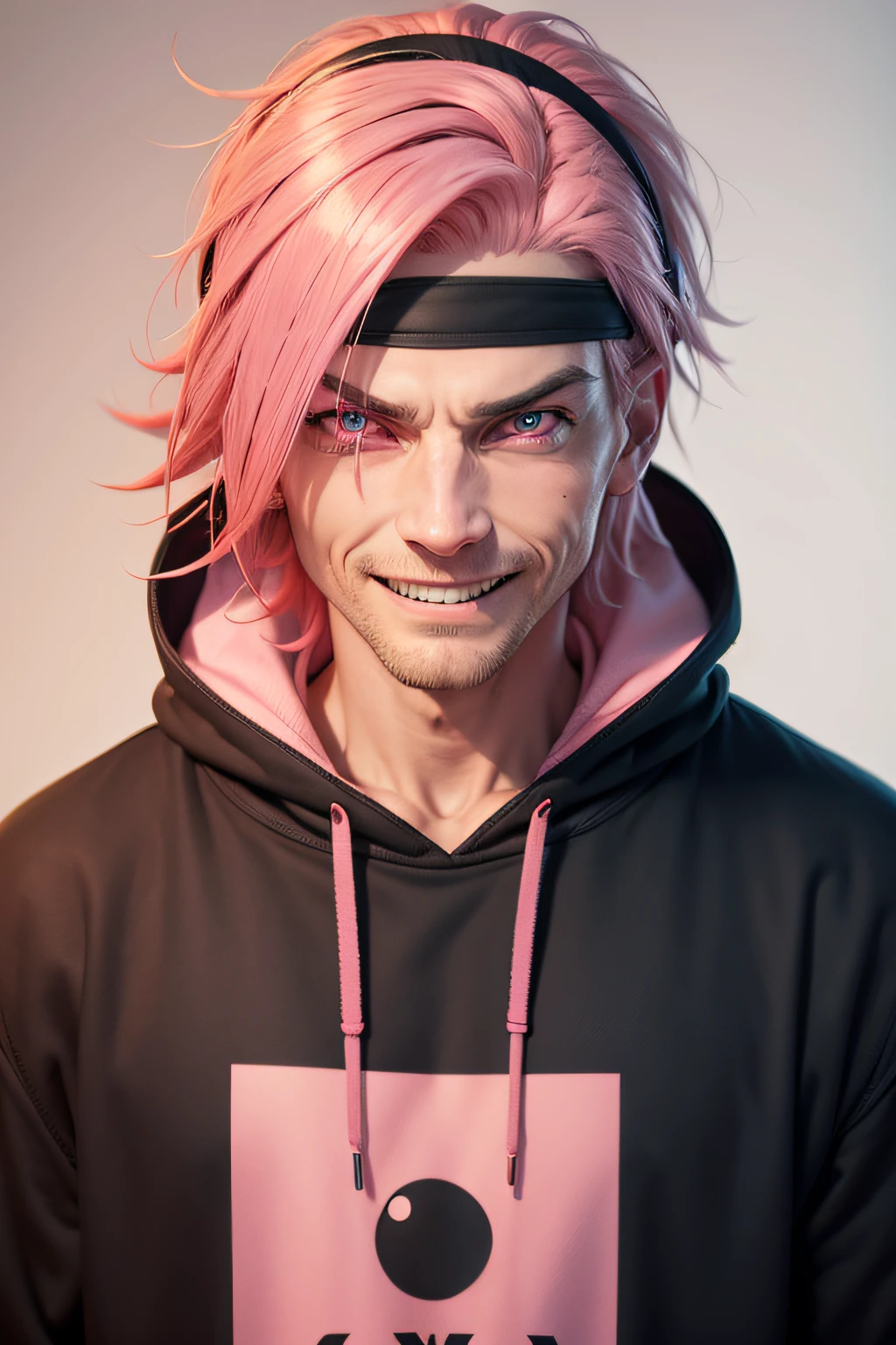 Man, with sweatshirt, red eye color, straight pink hair, detailed, realistic, evil laugh, with red headband