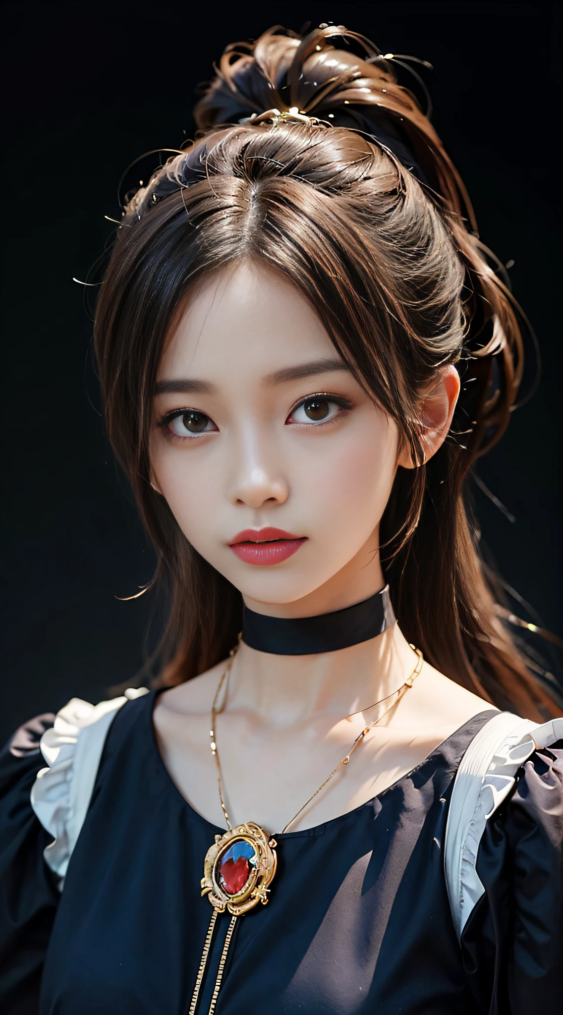 ((​masterpiece:1.4)、(top-quality:1.4)、(reallistic:1.7))、masuter piece:1.4、Kawaii Girl、Portrait photos、Close-up photos、Upper body photography、beautiful countenance、defiance、dark backgrounds、Narrow waist、poneyTail、Raw photo、red-lips、a choker、a necklace、耳Nipple Ring、1 screen display、