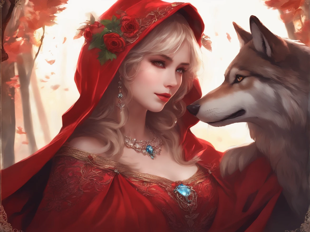 a woman in a red cape and a wolf are standing beside the woman, red riding hood, dressed in a beautiful red jewellery crafted cloak, anime style 4 k, kawacy, detailed, concept art, digital painting,
