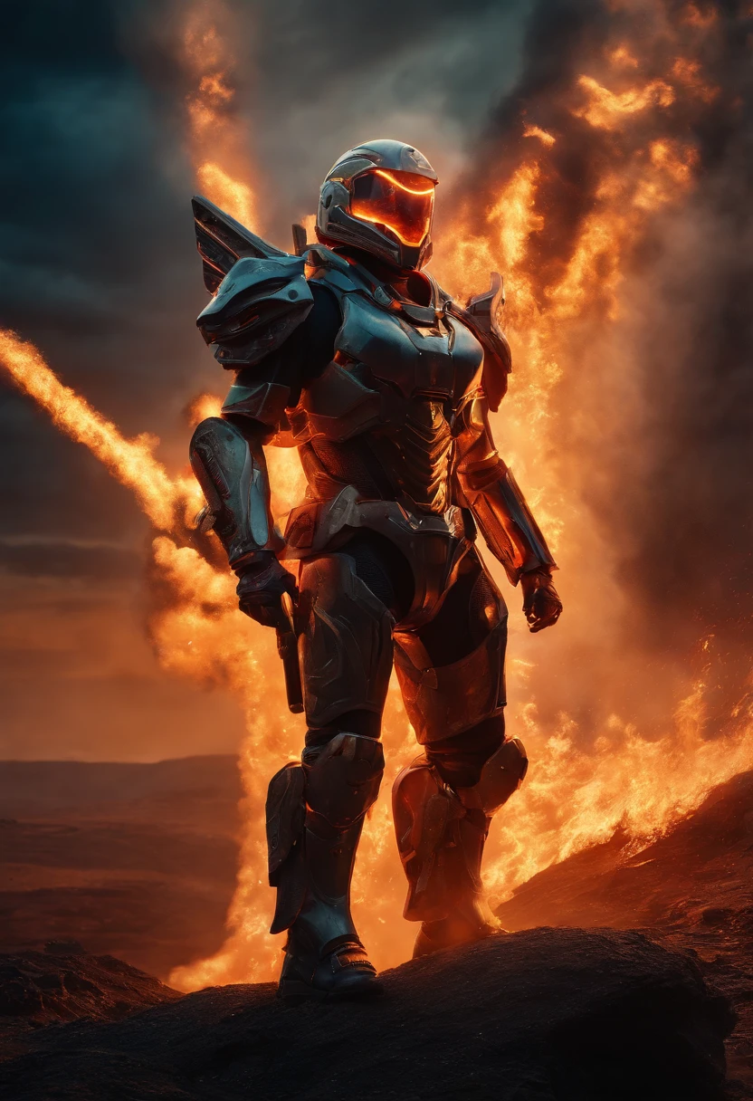 Cosmic cyberpunk Fallen Angel wearing Neon Mecha Armour, Flaming Sword glowing light eyes, Biomechanical, eerie, Creepy, nightmarish, Very bright neon colours, Light particles, with light glowing, , Mushroom Cloud, winner of the year's best photo, the world on fire, post-apocalyptic hellscape military photography, photo epic of the year, fire on the horizon, epic cinematic shot, pure form, intricate detail, 8k post-production, High resolution, super Detail, trending on ArtStation, sharp focus, studio photos, intricate detail, Very detailed, By Greg Rutkowski, Mshiff, wallpaper art, UHD wallpaper