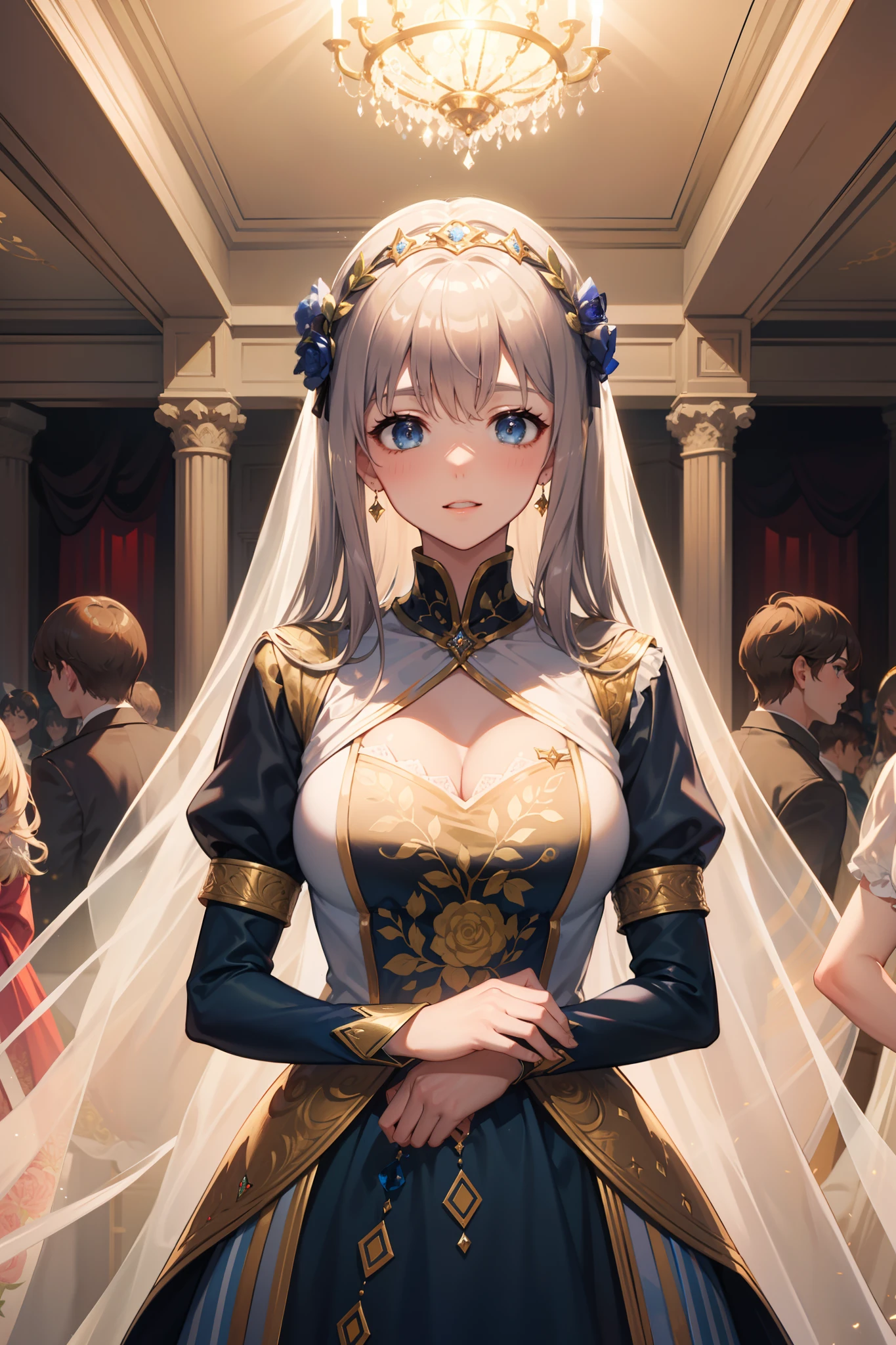 saints,Enchanted,having fun,Being in love,Court princess dress,super ultra detail,silber hair,eBlue eyes,(exquisite costumes:1.3),Movie lighting,dark blue stripes,Ruffles,Lace,jewelry,Floral decoration,Fabric and metal headdress,inside in room,solo person,
