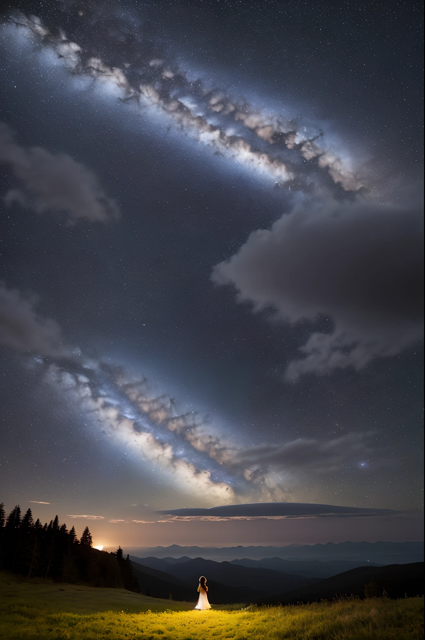 A wide landscape photo, (viewed from below, the sky is above, and the open field is below), a girl standing on a flower field looking up, (full moon: 1.2), (meteor: 0.9), (nebula: 1.3), distant mountains , Trees BREAK Crafting Art, (Warm Light: 1.2), (Firefly: 1.2), Lights, Lots of Purple and Orange, Intricate Details, Volumetric Lighting BREAK (Masterpiece: 1.2), (Best Quality), 4k, Ultra Detailed, (Dynamic Composition: 1.4), Rich in Detail and Color, (Rainbow Color: 1.2), (Glow, Atmospheric Lighting), Dreamy, Magical, (Solo: 1.2), girl stands with her back to the viewer, (masterpiece:1.2, best quality:1.2), nature, stars, moon, landscape background, warm light, sunrise, forest, shadows, contrast, constellations, landscape,water,(extremely detailed CG unity 8k wallpaper), most beautiful artwork in the world,professional majestic oil painting,intricate, High Detail, Sharp focus, dramatic, photorealistic painting art, octans, sky, star (sky), scenery, starry sky, night, 1girl, night sky, solo, outdoors, signature, building, cloud, milky way, sitting, tree, long hair, city, silhouette, cityscape, Vast and majestic skyline、The big sky occupies two-thirds of the photo、Girls and boys in casual clothes sitting side by side in the meadow、There is a deserted Japan city in the distance, Snowy mountain night with snowy coniferous forest at the foot of the mountain。Full moon and many stars
Waiting to start