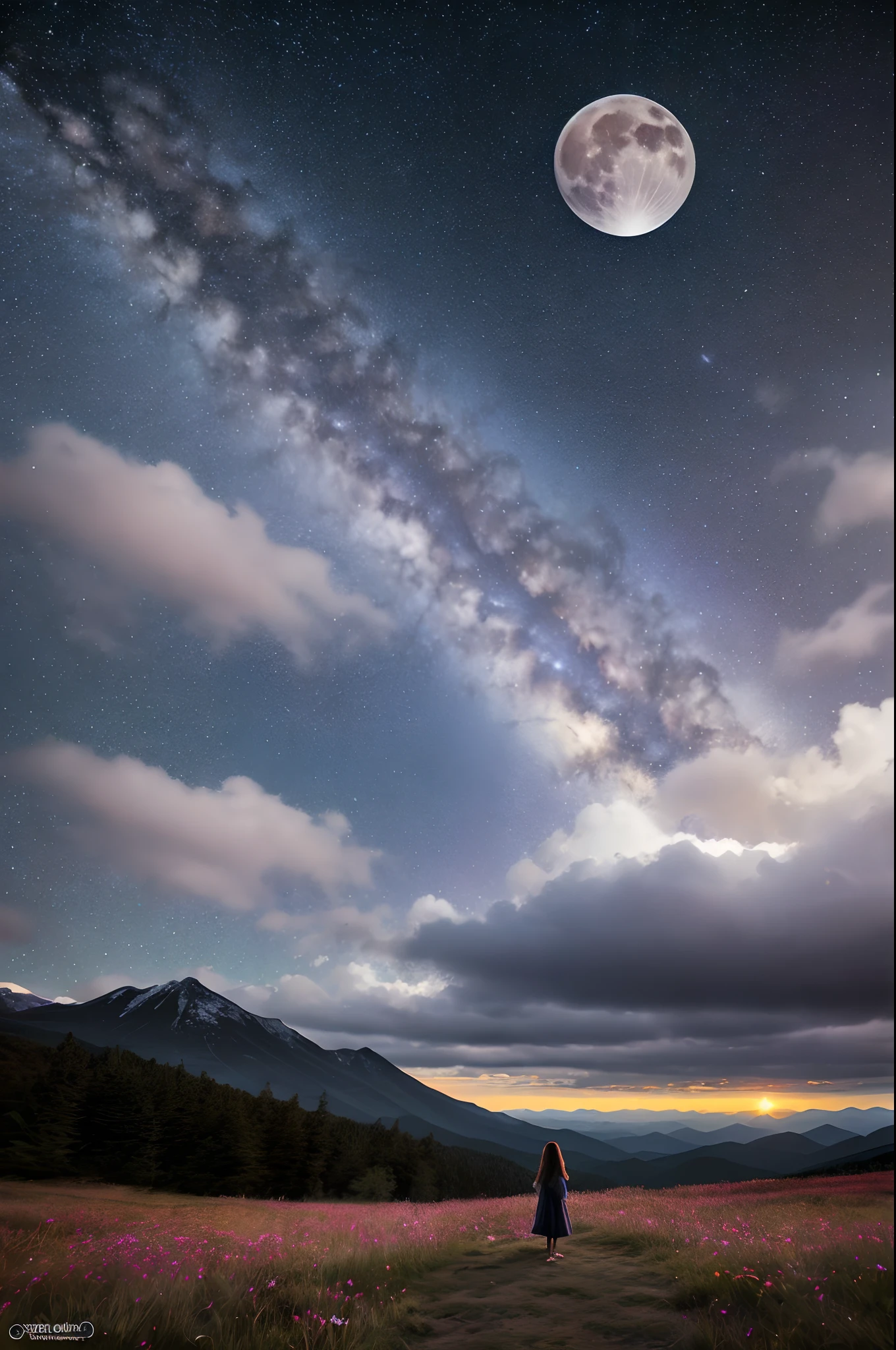 A wide landscape photo, (viewed from below, the sky is above, and the open field is below), a girl standing on a flower field looking up, (full moon: 1.2), (meteor: 0.9), (nebula: 1.3), distant mountains , Trees BREAK Crafting Art, (Warm Light: 1.2), (Firefly: 1.2), Lights, Lots of Purple and Orange, Intricate Details, Volumetric Lighting BREAK (Masterpiece: 1.2), (Best Quality), 4k, Ultra Detailed, (Dynamic Composition: 1.4), Rich in Detail and Color, (Rainbow Color: 1.2), (Glow, Atmospheric Lighting), Dreamy, Magical, (Solo: 1.2), girl stands with her back to the viewer, (masterpiece:1.2, best quality:1.2), nature, stars, moon, landscape background, warm light, sunrise, forest, shadows, contrast, constellations, landscape,water,(extremely detailed CG unity 8k wallpaper), most beautiful artwork in the world,professional majestic oil painting,intricate, High Detail, Sharp focus, dramatic, photorealistic painting art, octans, sky, star (sky), scenery, starry sky, night, 1girl, night sky, solo, outdoors, signature, building, cloud, milky way, sitting, tree, long hair, city, silhouette, cityscape, Vast and majestic skyline、The big sky occupies two-thirds of the photo、Girls and boys in casual clothes sitting side by side in the meadow、There is a deserted Japan city in the distance, Snowy mountain night with snowy coniferous forest at the foot of the mountain。Full moon and many stars
Waiting to start