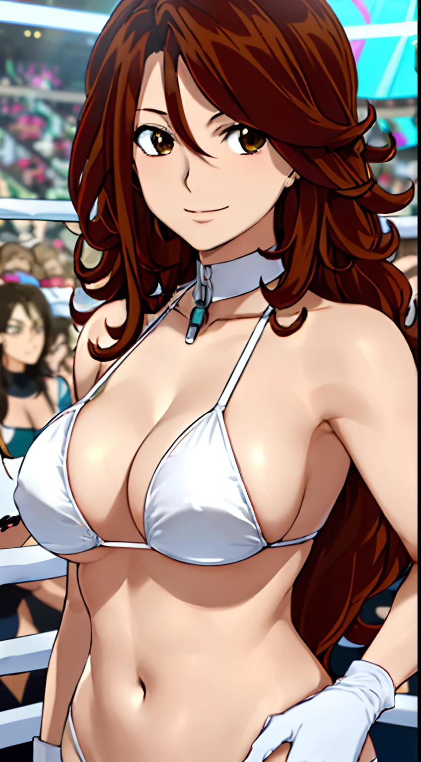 hug, Elegant lady, (upper body only), anime style: 1.8, anime drawing, ultra detailed face, ultra detailed body, 4k, Sumergai Lee Noriega, (standing), best quality, anime style, hires, highest definition, digital blending, bold drawing lines, ((wwe diva), (location: wrestling arena, crowds watching), ( slim body, (little biceps), , off-shoulders, closed fists, (curvy: 2.8)), ((white bikini, only, white gloves, collar, arm protector)), victorious, winner, gentle, (pale skin, shiny skin, very big breasts, smile), (big eyes, brown eyes), (clapping), (brown hair, loose hair, curly hair, wavy hair, long hair, missy hair), 27 years old,