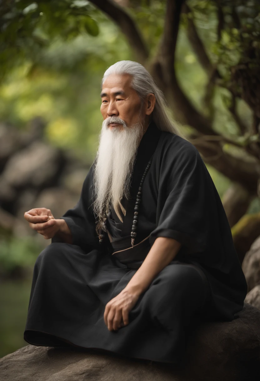 30-year-old Asian Taoist elder sitting on stone close-up,long, whitish hair,barba longa,Cross-legged meditation,Taoism, vestindo vestes cinzas,magical aura,taoist master,taoist,no centro,Encare a lente,cores muito brilhantes, light particles, com luz brilhante, Mshiv, Arte do papel de parede, Papel de parede UHD
