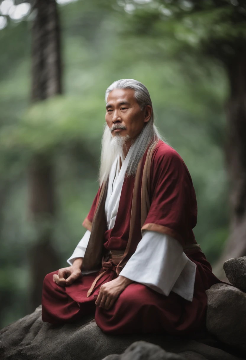 An old Buddhist monk with a very long white beard and very long mustaches sitting on the edge of the lake with a Bamboo plant in the background and two frogs on the side