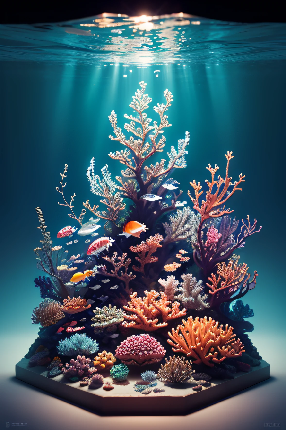 Capture the beauty and diversity of living things in a marine coral reef. Capture the bright and festive colors of reef wildlife and flora. Focus on Scale, displaying different species of fish, Starfish, Jellyfish, Their unique shapes and patterns. Convey the depth of the water and its clarity, using lighting effects and reflections. Create an image of the amazing and mysterious world of underwater life.