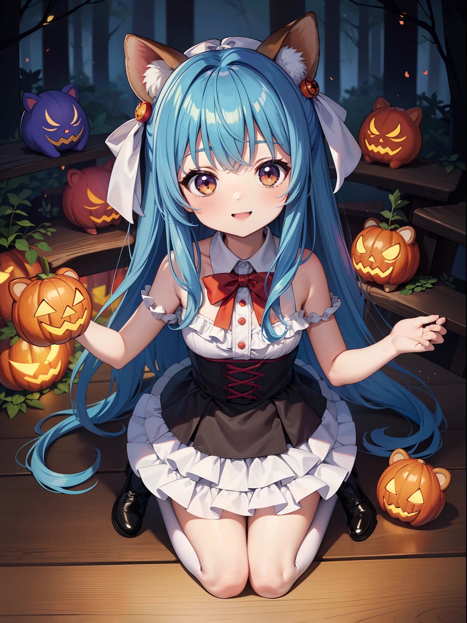 Chibichara　Halloween Scenery　Forest bear、Hareful、Halloween Party with Squirrels　long hair with blue hair((Chibi Chara))、Twin-tailed、A charming smile、Fluffy、girl with、Chibi Chara、Subbear、Hareful、squirrel、full body Esbian、Pastel colors hair、masutepiece、top-quality、
