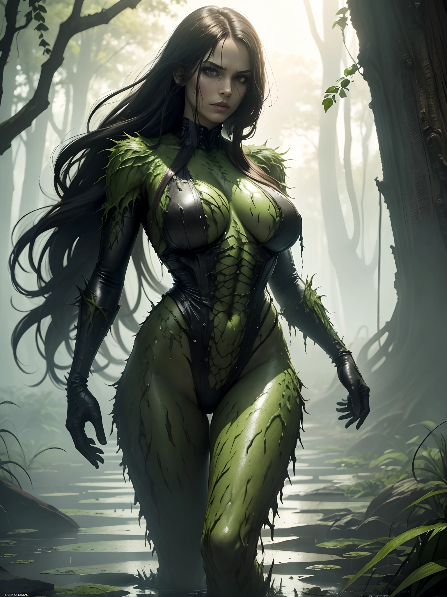 Swamp Monster woman, 25 years old, Swamp Monster style, a supernatural antihero character in comic books published by DC Comics, who was transformed into a monster composed of plant matter after an explosion in her laboratory doused him with chemicals, is transformed by the chemicals and plants inside the swamp into a misshapen monster Swamp Thing, full body, (burning motorcycle: 1.5), ((best quality)), ((Selected: 1.4)) super resolution, Cinematic lighting , (New York: 1.3), (flaming skeleton head: 1.3), ultra realistic, . .....RAW, (realism: 1.5), (Realisitc: 1.4), (Absurdity: 1.4), 8k, ultra-detailed, detailed, (One: 1.4), (viewer: 1.3), HD4