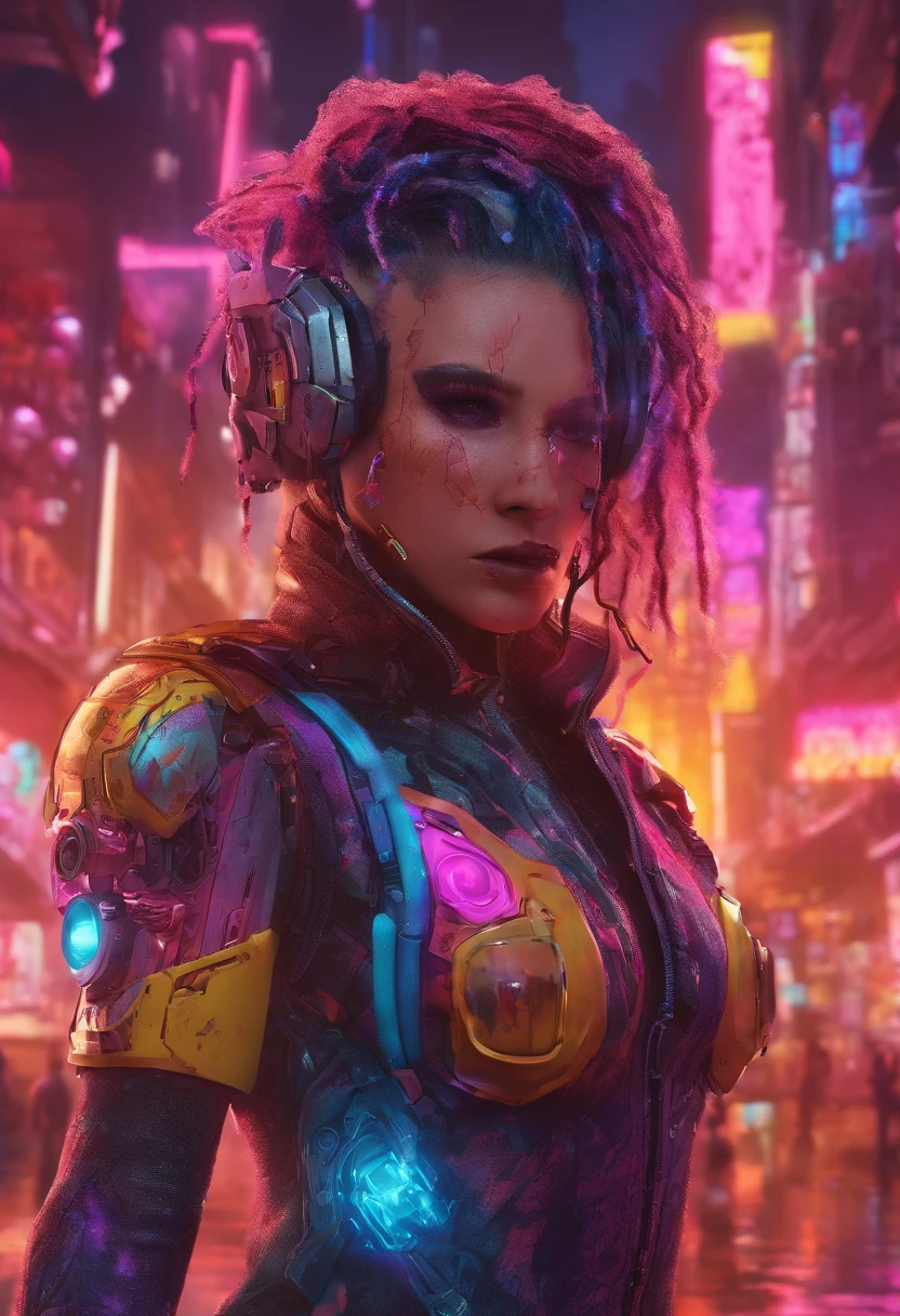 (highly detailed: 1.2), (canon EOS R6 best quality: 1.2), (8k: 1.0), (emb-rrf-low: 1.0), (lots of large black tattoos on cybernetic head open in the middle showing the inside, detailed face, hyper detailed eyes and wearing hi-tech sunglasses with holographic display 1.2), sharp focus (awarded photo: 1.2), (subsurface scatter: 1.2), (subsurface scatter: 1.2). 1.1) (a beautiful ultra-detailed cyborg: 1.2), ( hyper-detailed hair: 1.2), (wonderful body: 1.2), (full body: 1.2), (dynamic stance :1.2), neon glow, (detailed cybernetic eyes:1.1), close-up (hyperrealistic:1.2), rpg, CyberPunk 2077 style, dramatic lighting, (highly detailed futuristic cityscape:1.2), (sci-fi: 1.2). 1.2), professional portrait photography, by wlop greg rutkowski jeffrey simpson alphonse mucha