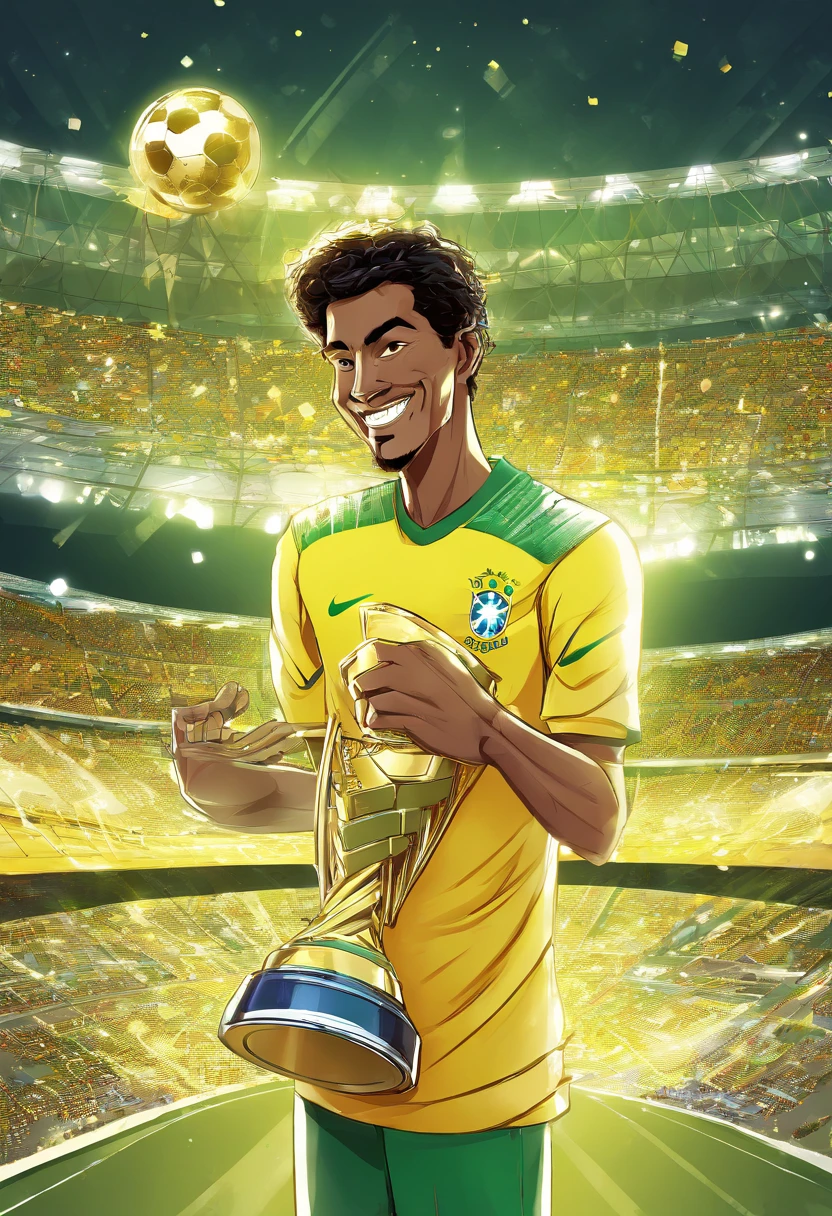 a brazilian player with the 2026 world cup trophy, man, manga, happy, stadium