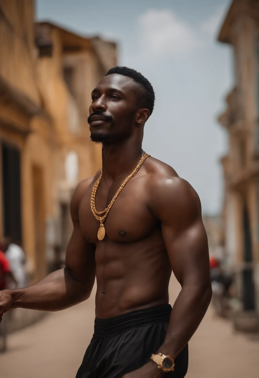 (Black-skinned man with fake abs, en forme, Slightly muscular with pectorals) ,moustache ,chaume, visage grave, sharp eyes, Cheveux courts, wearing an Ivory Coast jersey , Se tenir en toute confiance dans un, Milieu urbain, with buildings in the background, sous chaud, Golden sun. The artwork must be in a realistic style, with high resolution and attention to detail.