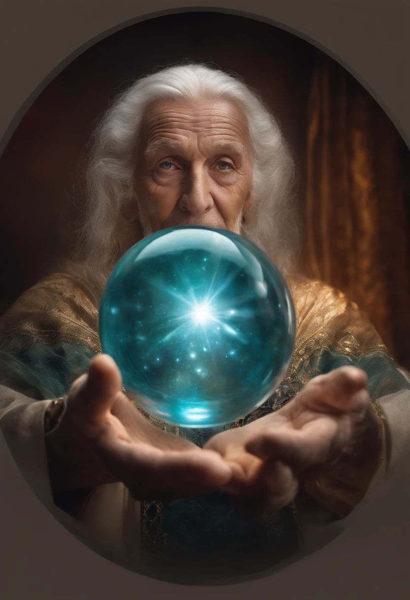 Elderly psychic with crystal ball with crystal ball looking forward
