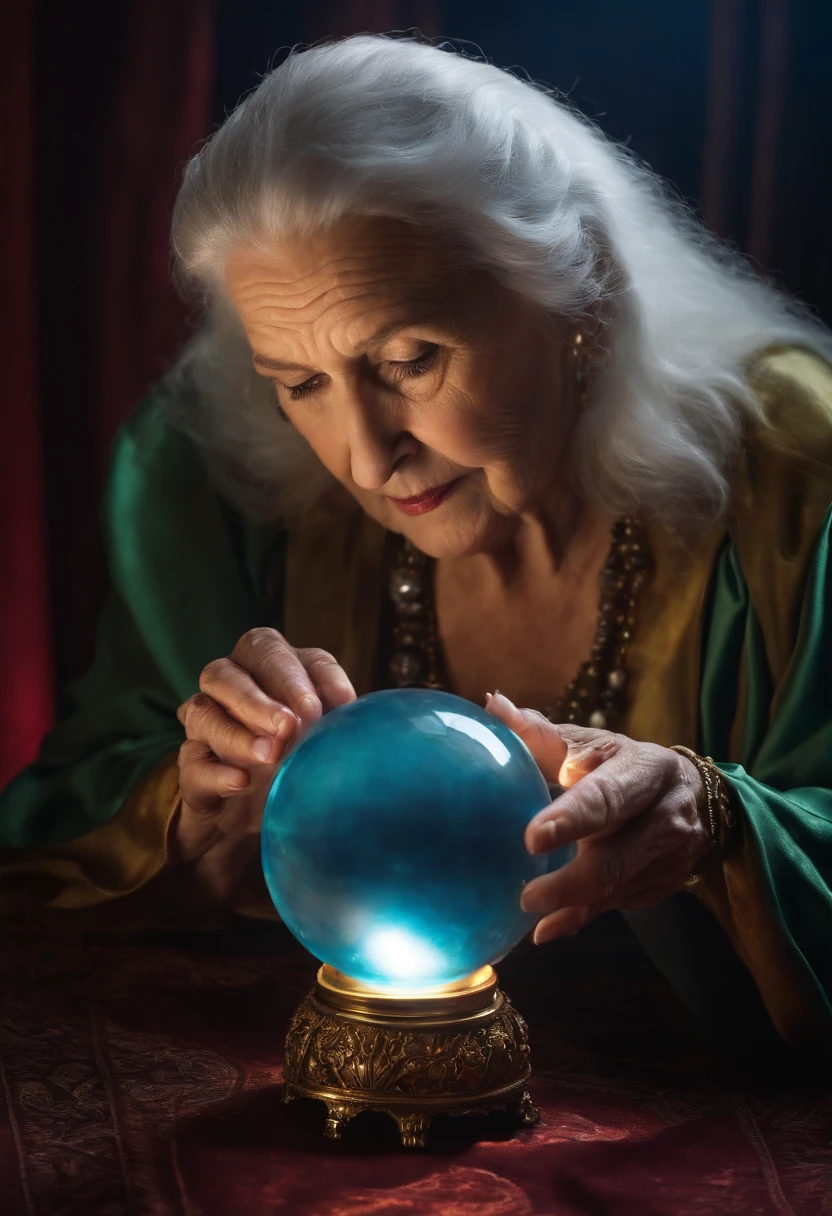 Elderly psychic with crystal ball with crystal ball looking forward