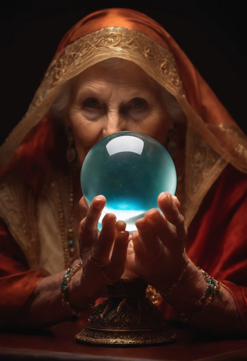 Elderly psychic with crystal ball with crystal ball looking forward