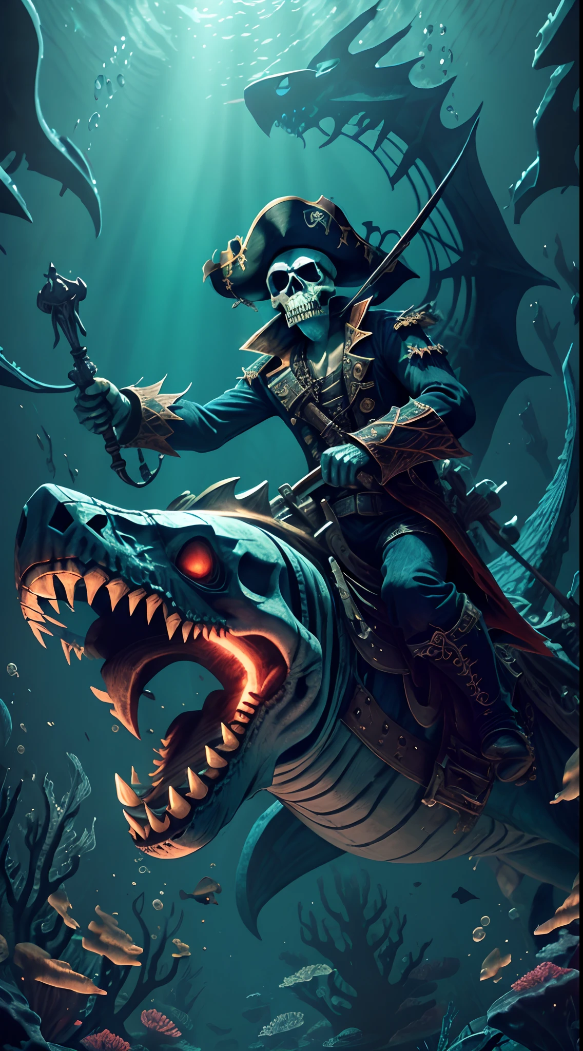 (masterpiece), best quality, a pirate skelleton riding on a shark, ((underwater:1.3), pirate clothes, pirate, skull, perfect shark, riding on a, adventure, magical,   bubbles, traced lights, corals, realistic, perfect light, fantasy, adventure, freedom, sharp teeth, cool shark, sea monster, epic, monsters on the background