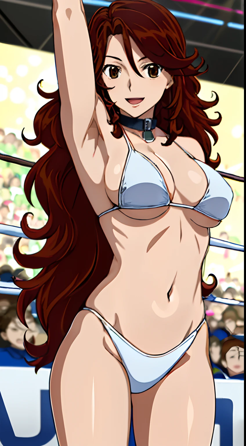 hug, Elegant lady, (upper body only), anime style: 1.8, anime drawing, ultra detailed face, ultra detailed body, 4k, Sumergai Lee Noriega, (standing), best quality, anime style, hires, highest definition, digital blending, bold drawing lines, ((wwe diva), (location: wrestling arena, crowds watching), ( slim body, (little biceps), , off-shoulders, closed fists, (curvy: 2.8)), ((white bikini, only, white gloves, collar, armpit protector)), victorious, winner, gentle, (pale skin, shiny skin, very big breasts, smile), (big eyes, brown eyes), (clapping), (brown hair, loose hair, curly hair, wavy hair, long hair, missy hair), 27 years old,