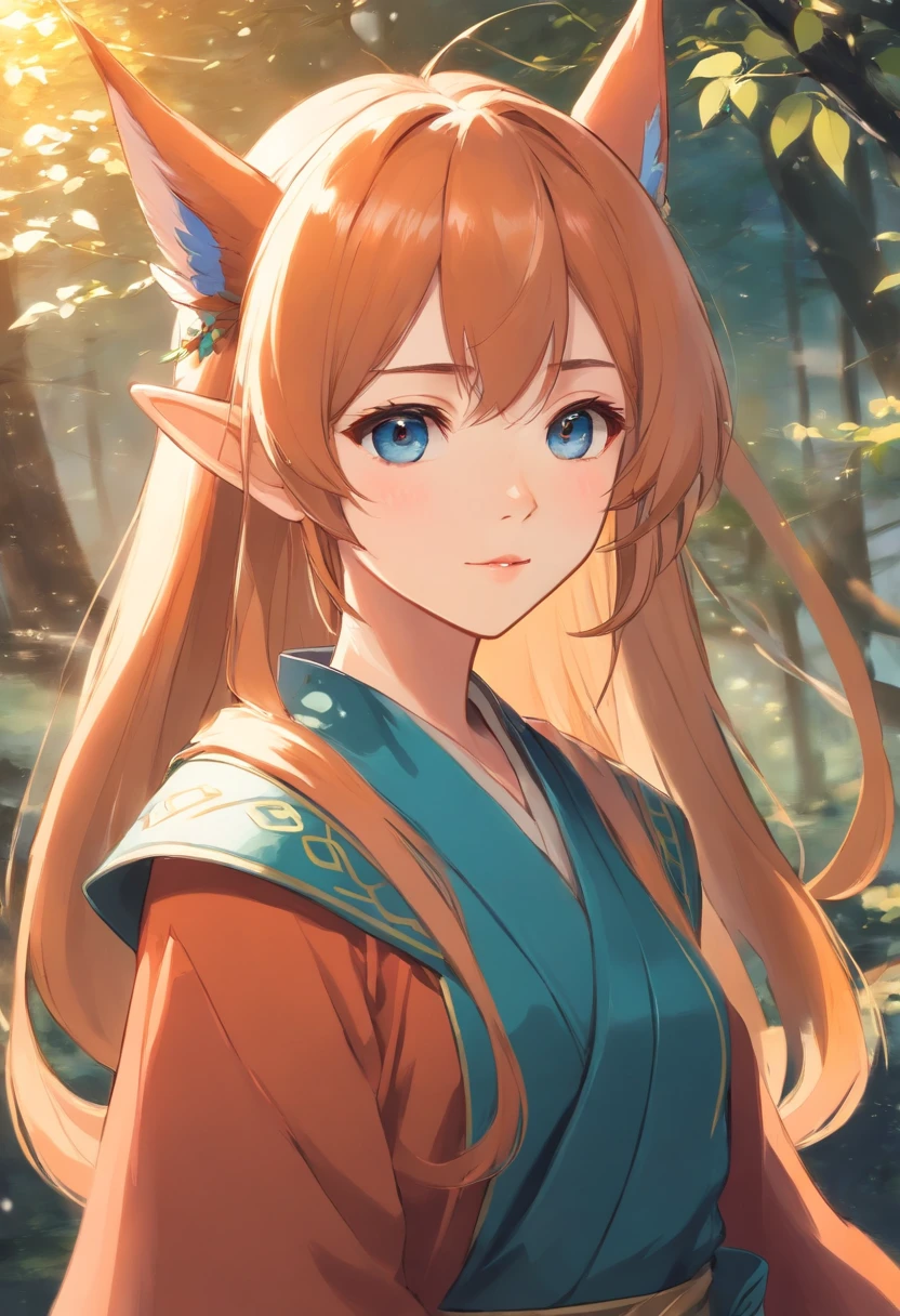 Very beautiful young woman with big elven ears, Alone facing the camera, Drawn in Japanese anime style, long and straight redish hair, The letf eye is orange and the right eye is blue, Dressed in aristocratic 19th-century clothing dyed with mostly reddish colors