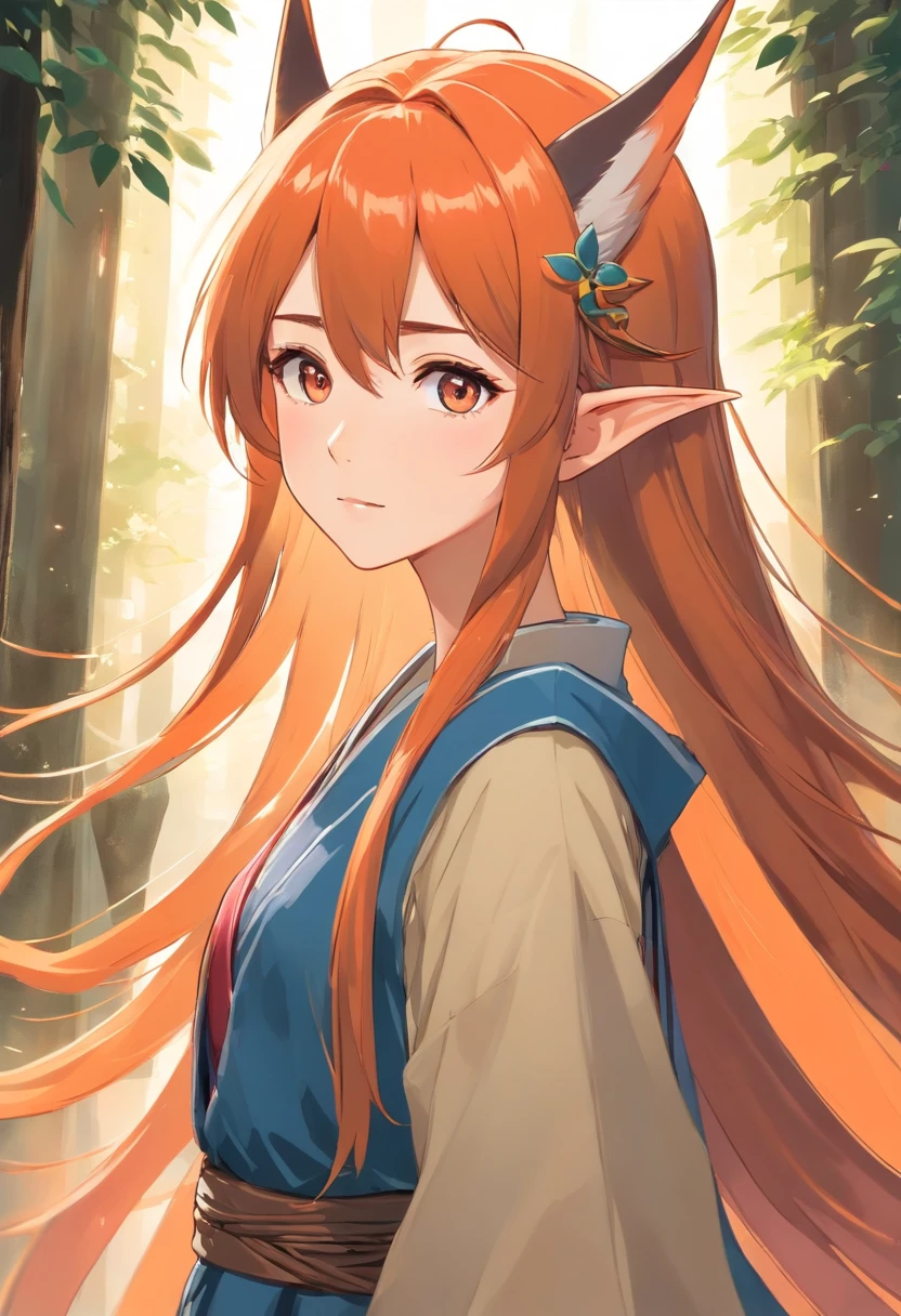 Very beautiful young woman with big elven ears, Alone facing the camera, Drawn in Japanese anime style, long and straight redish hair, The letf eye is orange and the right eye is blue, Dressed in aristocratic 19th-century clothing dyed with mostly reddish colors