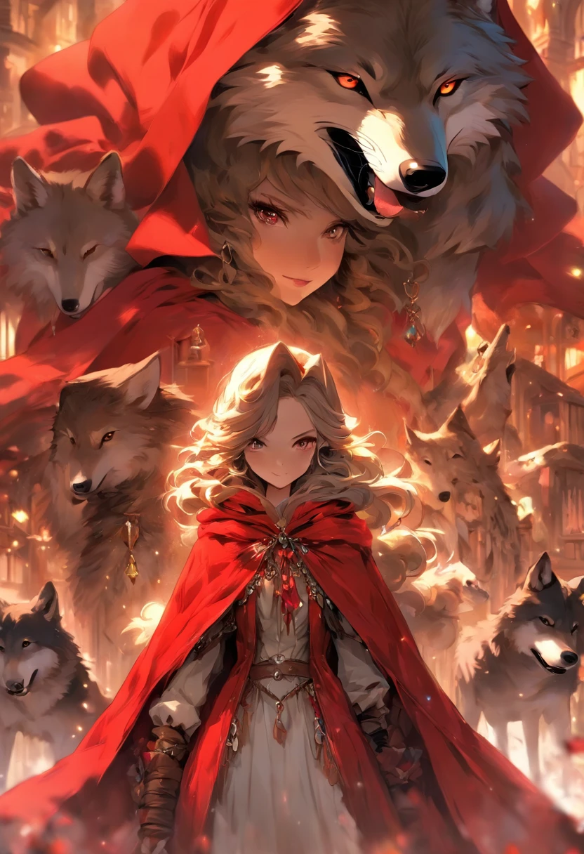 a woman in a red cape and a wolf are standing beside the woman, red riding hood, dressed in a beautiful red jewellery crafted cloak, anime style 4 k, kawacy, detailed, concept art, digital painting,