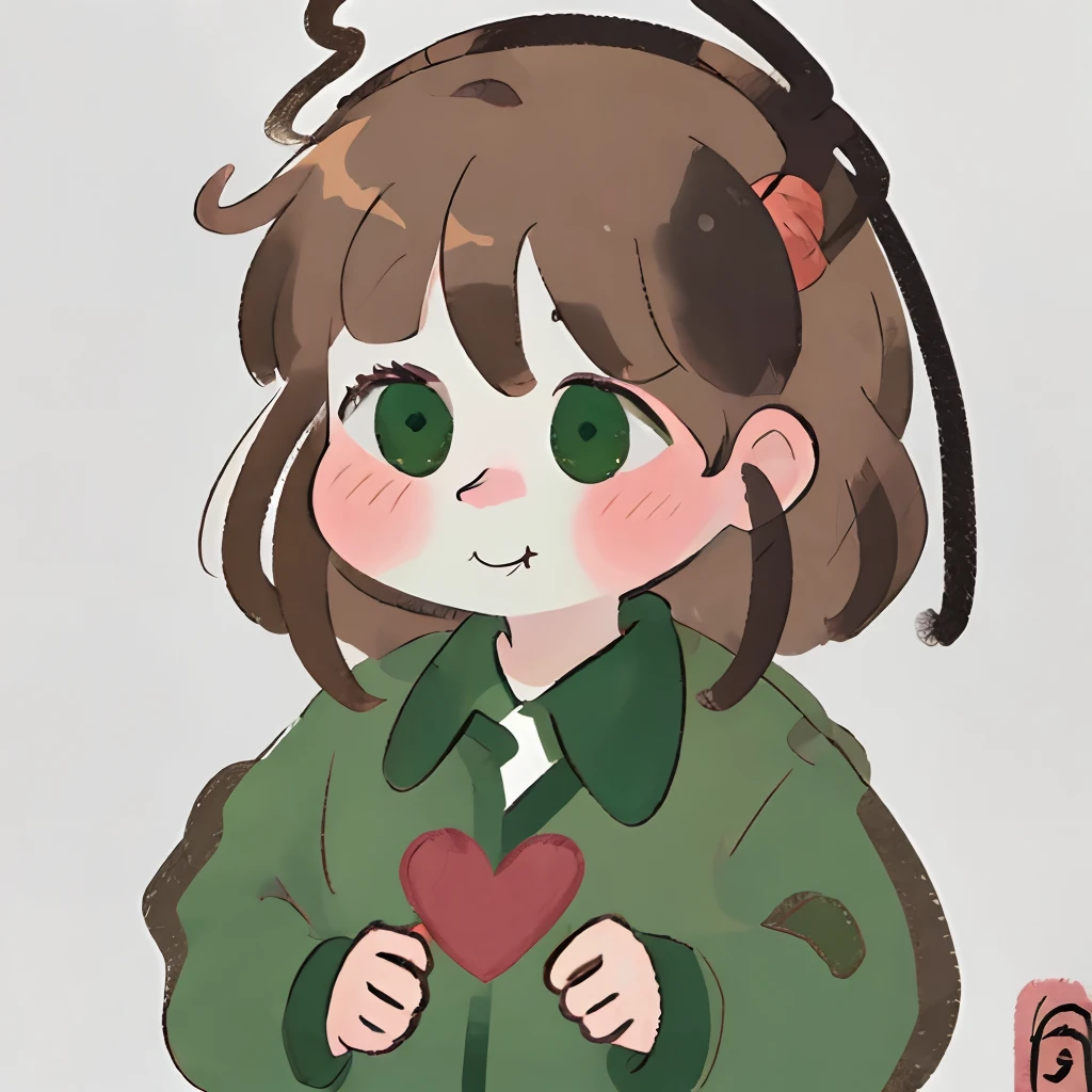 HPS, drawing, image, painting, 1girl, Brown-haired, bangs, green eyes, deer antlers, blush, Chestnut mouth, avatar, Collared shirt, Hair swings, Hair Scrunchie, heart, High Resolutions,