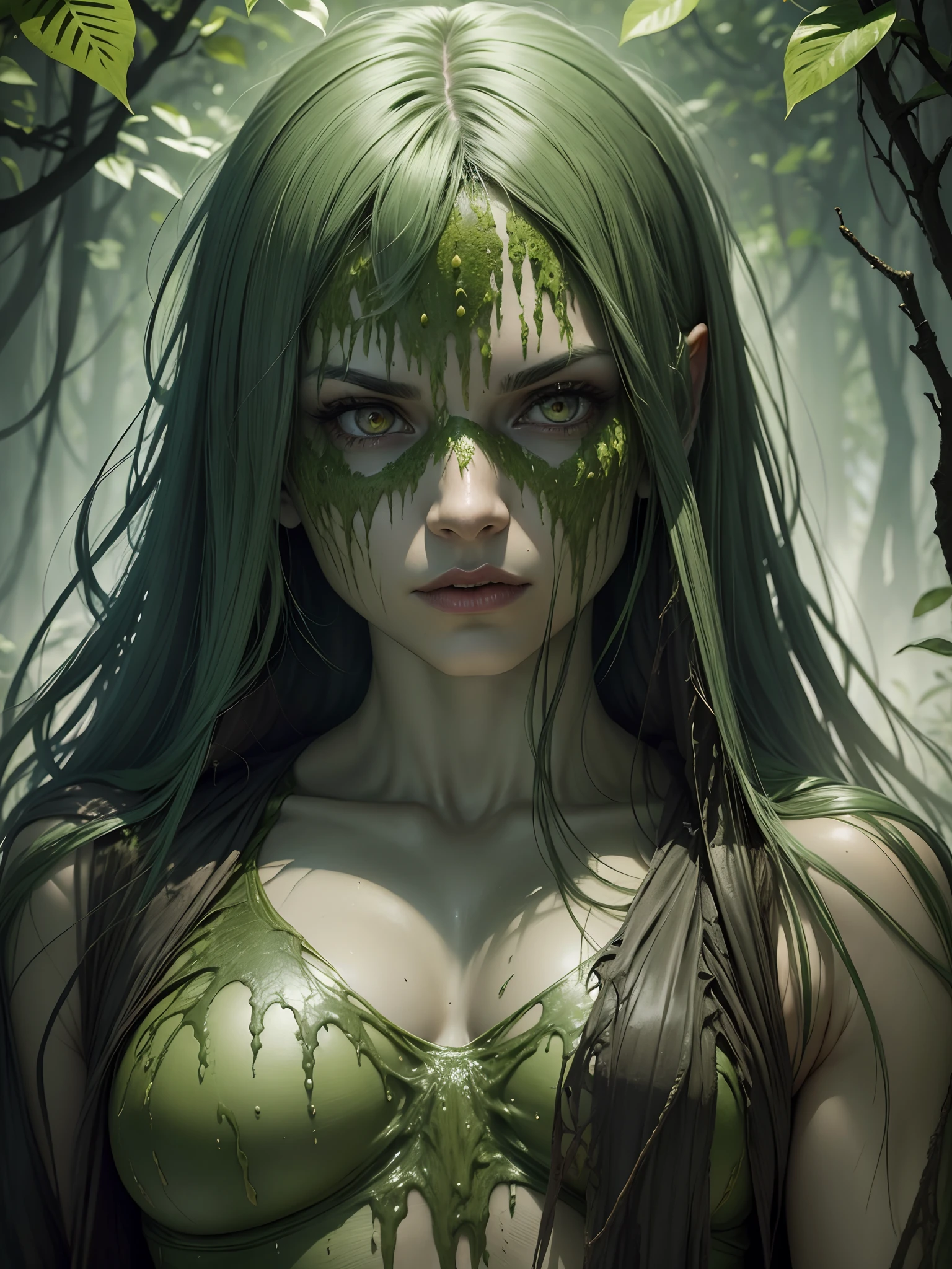 Swamp Monster woman, 25 years old, Swamp Monster style, a supernatural antihero character in comic books published by DC Comics, who was transformed into a monster composed of plant matter after an explosion in her laboratory doused him with chemicals, is transformed by the chemicals and plants inside the swamp into a misshapen monster the Swamp Thing full body, (body with plants: 1.3), ((best quality)), ((Selected: 1.4)) super resolution, Cinematic lighting, (New York: 1.3), (swamp monster head: 1.3), ultra realistic, . .....RAW, (realism: 1.5), (Realisitc: 1.4), (Absurdity: 1.4), 8k, ultra-detailed, detailed, (One: 1.4), (viewer: 1.3), HD4