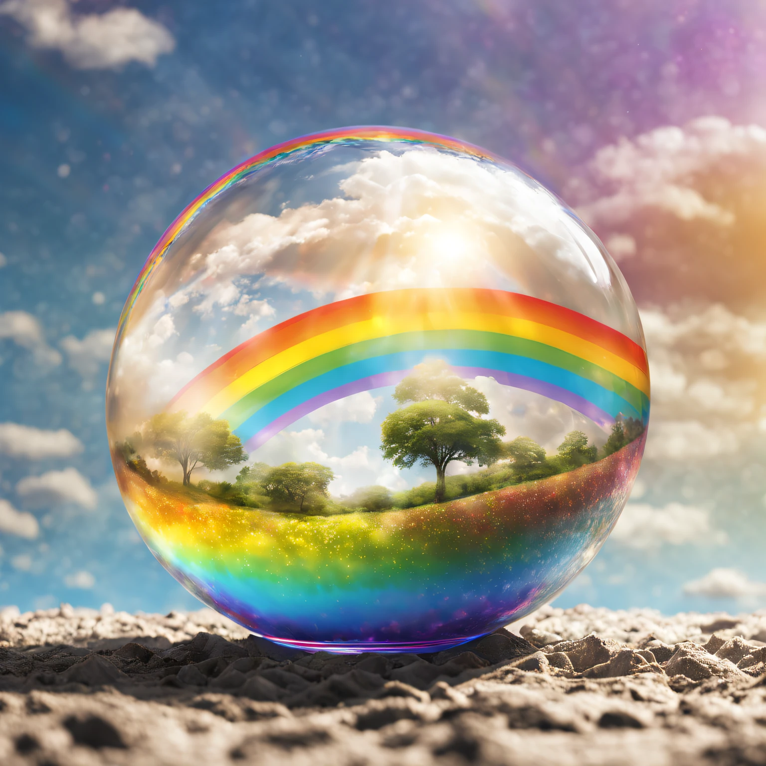 Cute double exposure artwork，A fusion of rainbows and glass balls in the sky, A rainbow in the sky should serve as a potential background, Its details blend seamlessly with the smooth and transparent earth. Clear the earth to a point, It has a double exposure effect and a glossy look. The figure of the rainbow in the sky should have a slightly earthy taste, Reveal the rainbow in the mind sky，The overall atmosphere should be gloomy and moody, Soft colors and a sense of decay. The artwork should evoke a sense of simplicity, Has a complex and layered design. The image should be highly realistic, With a high level of detail and deep realism. The lighting should be diffuse and soft, Create a gloomy moody atmosphere. The artwork should have a cinematic feel, The lighting and camera working elements are reminiscent of movies. Images should be highly detailed and rich, High-density visual information. The overall effect should be reminiscent of high-quality photography, Double exposure effect enhancement1.1x magnification.