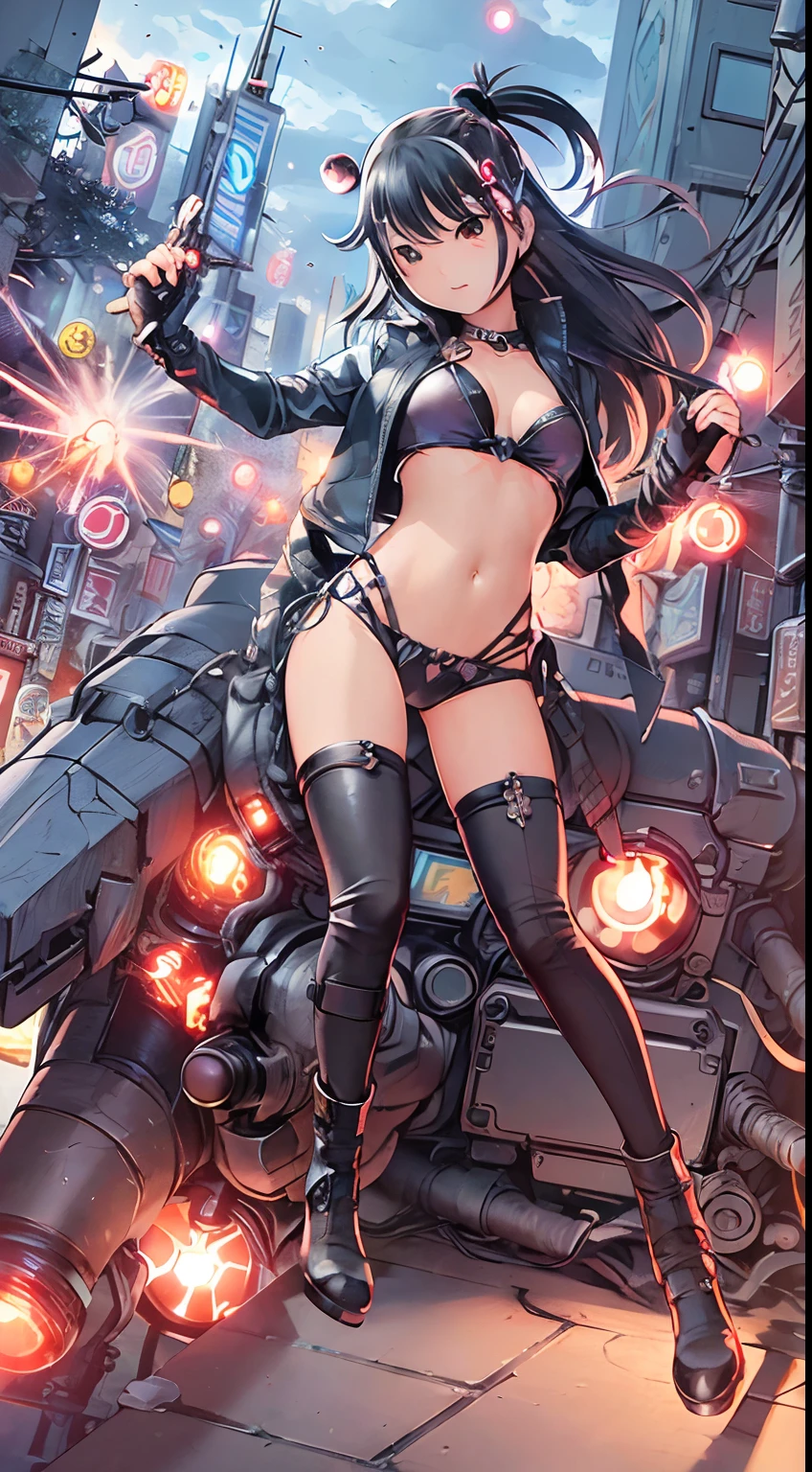 best quality, highres, ultra-detailed),(manga-style:1.2),cyberpunk cowgirl shooting revolvers in the air,hair flowing,expressive eyes,piercing gaze([futuristic]cowgirl,revolver:1.1),[bullets],[action-packed scene],blazing guns,nighttime cityscape in the background(neon lights:0.9, vibrant colors:1.1),rain pouring down,reflective puddles on the ground([detailed]raindrops:1.1),dystopian atmosphere,technological implants glowing on her skin,multiple ear piercings,leather jacket with glowing circuit patterns,skintight pants,high boots,confident posture,hovering motorcycles([futuristic]motorcycles,[hovering]vehicles),[speed lines],[electricity sparks:1.1],electric energy swirling around her revolvers,futuristic skyscrapers towering in the background,smoke and gunpowder filling the air,an intense and thrilling moment([high energy],[dynamic:1.1]) worthy of a manga cover.