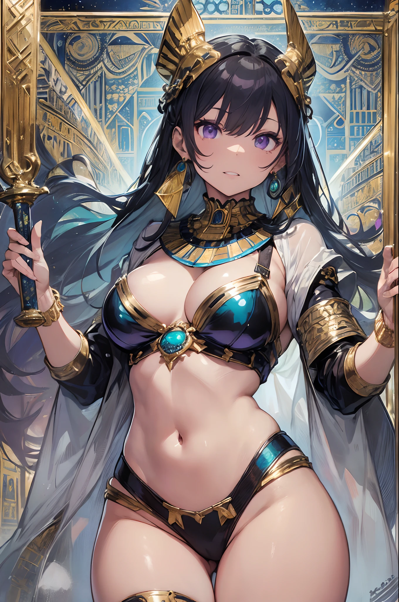 (tmasterpiece、top-quality、The best illustrations、offcial art、Beautifully Aesthetic:1.2)、A highly detailed、(Fractal Art:1.1)、(Pyramids、scarab、Egyptian pattern:1.3)、One lady、egypician、cleoopatra、(Hierograph:1.2)、(Dynamic Poses)、(Abstract background:1.3)、(skin tanned:1.5)、Shiny skin、(highly colorful:1.4)、(Holding a thin silver sword:1.4)、(black colored hair、Longhaire、straight haired、Purple eyes:1.2)、(White costume in Egyptian style、gold decorations、Gold Frame Ornament)、(lapis lazuli、Turquoise Blue、Jeweled)、exotic beauty、thighs thighs thighs thighs、braided sandals、Fantastical