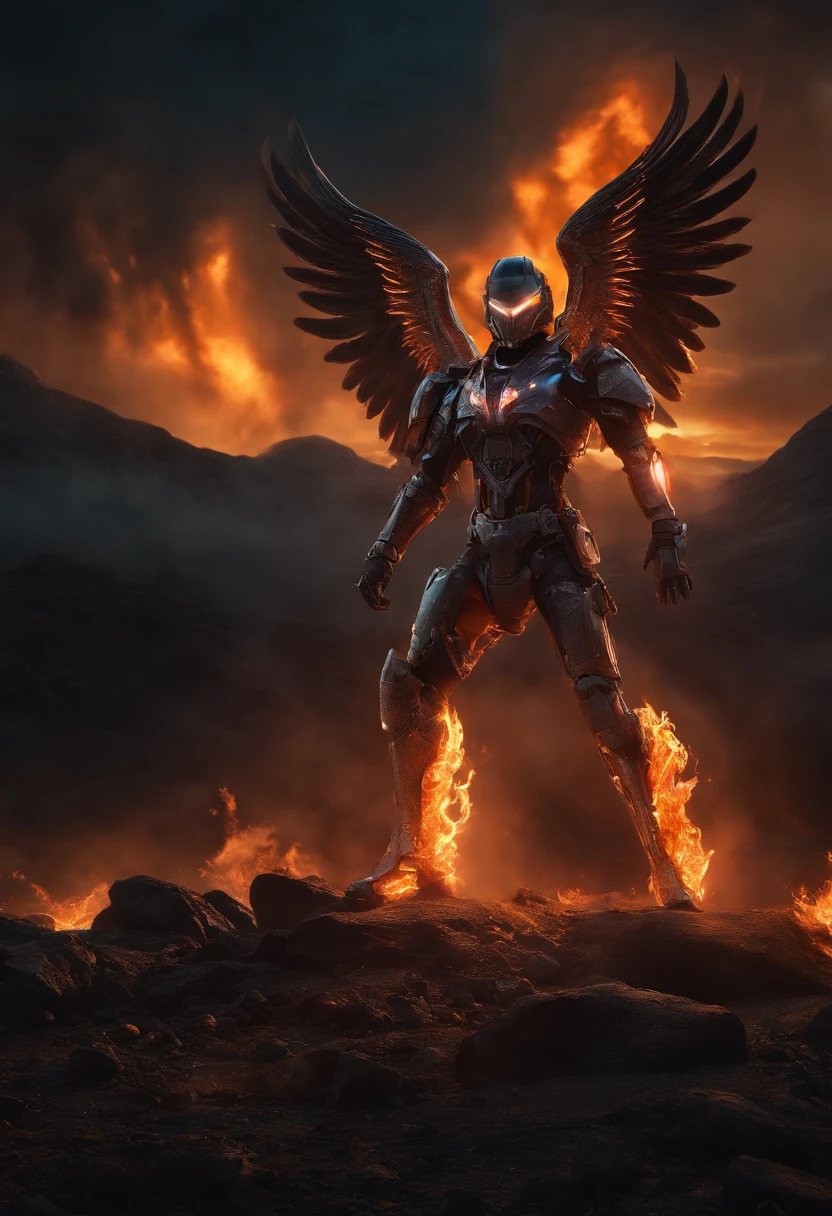 Cosmic cyberpunk Fallen Angel wearing Neon Mecha Armour, Flaming Sword glowing light eyes, Biomechanical, eerie, Creepy, nightmarish, Very bright neon colours, Light particles, with light glowing, , Mushroom Cloud, winner of the year's best photo, the world on fire, post-apocalyptic hellscape military photography, photo epic of the year, fire on the horizon, epic cinematic shot, pure form, intricate detail, 8k post-production, High resolution, super Detail, trending on ArtStation, sharp focus, studio photos, intricate detail, Very detailed, By Greg Rutkowski, Mshiff, wallpaper art, UHD wallpaper