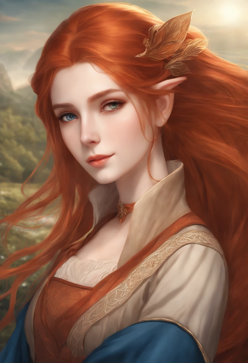 Very beautiful young woman with elven ears, Alone facing the camera, Drawn in Japanese anime style, long and straight redish hair, The letf eye is orange and the right eye is blue, Dressed in aristocratic 19th-century clothing dyed with mostly reddish colors
