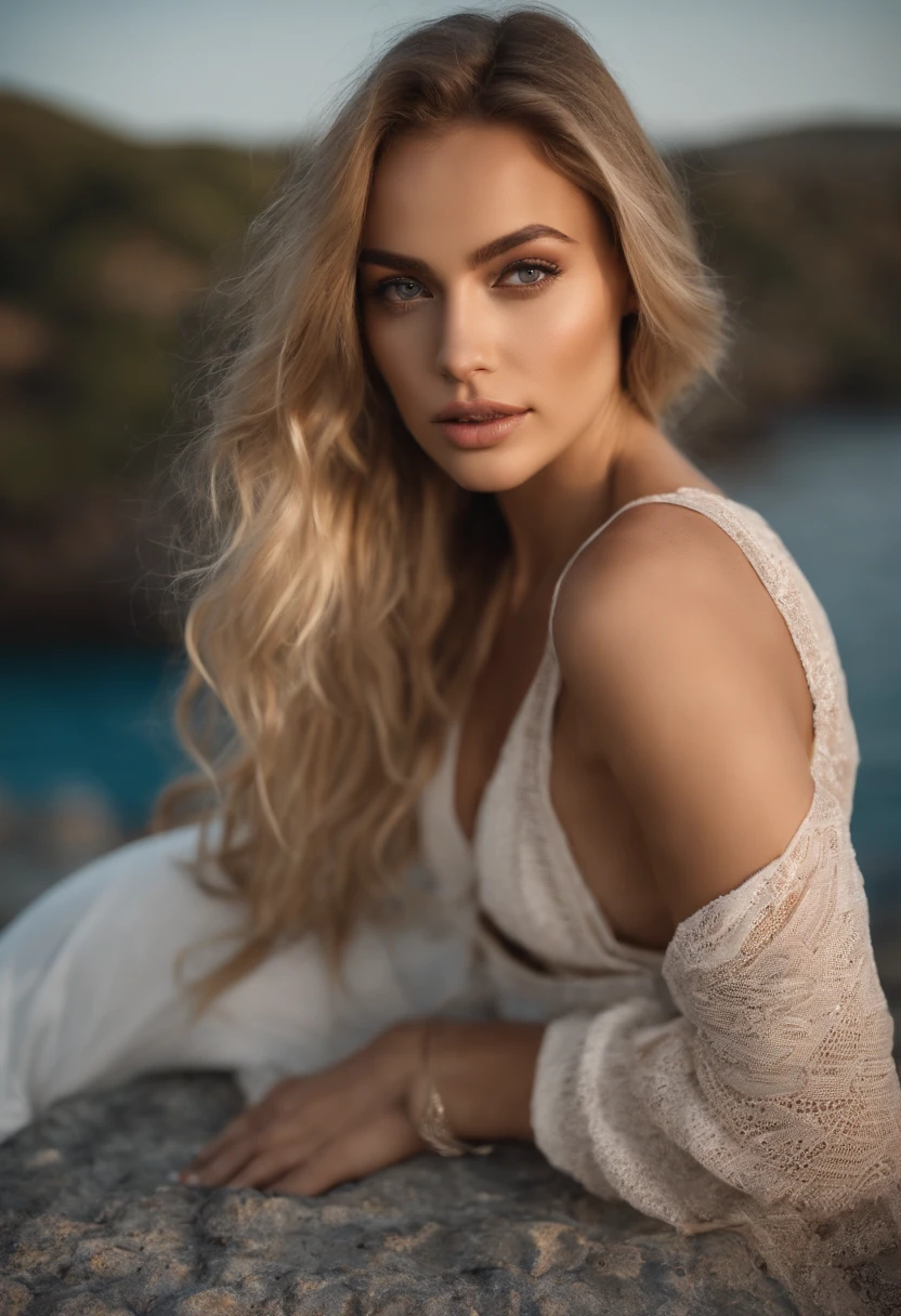 Femme sexy, Peu, mince, athletic, sexy, tanned skin, gros seins, narrow waist, curly blonde hair, Instagram template, Realstic, Instagram Photos, photographie, authentique, naturel. Landscape of Greece, Santorin.