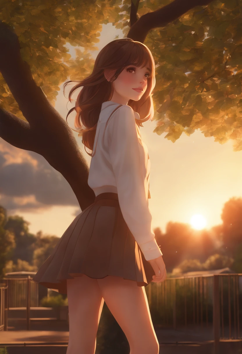 , 1girl, solo, tree, sky, outdoors, skirt, cloud, brown, hair, sunset, lens, flare, scenery, school, uniform, sun, wind, long, sleeves, animal nose, in a club naked