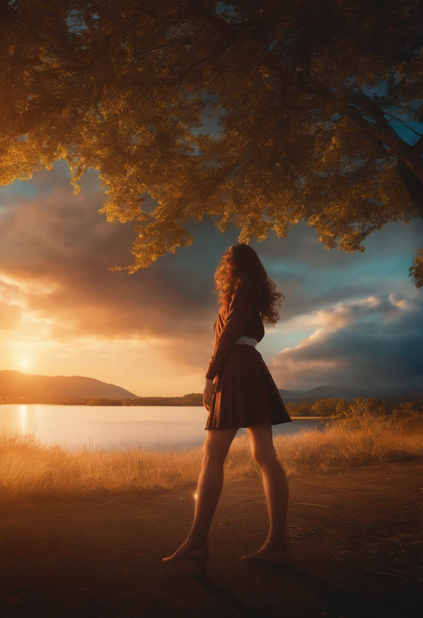 , 1girl, solo, tree, sky, outdoors, skirt, cloud, brown, hair, sunset, lens, flare, scenery, school, uniform, sun, wind, long, sleeves, animal nose, in a club naked